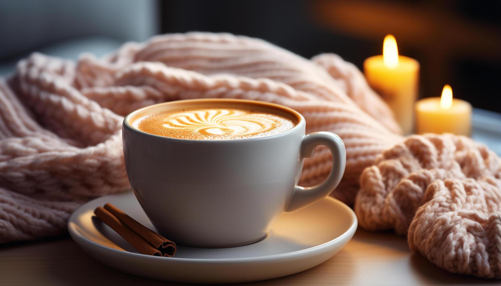 AI generated Coffee cup on table, close up of frothy cappuccino generated by AI photo