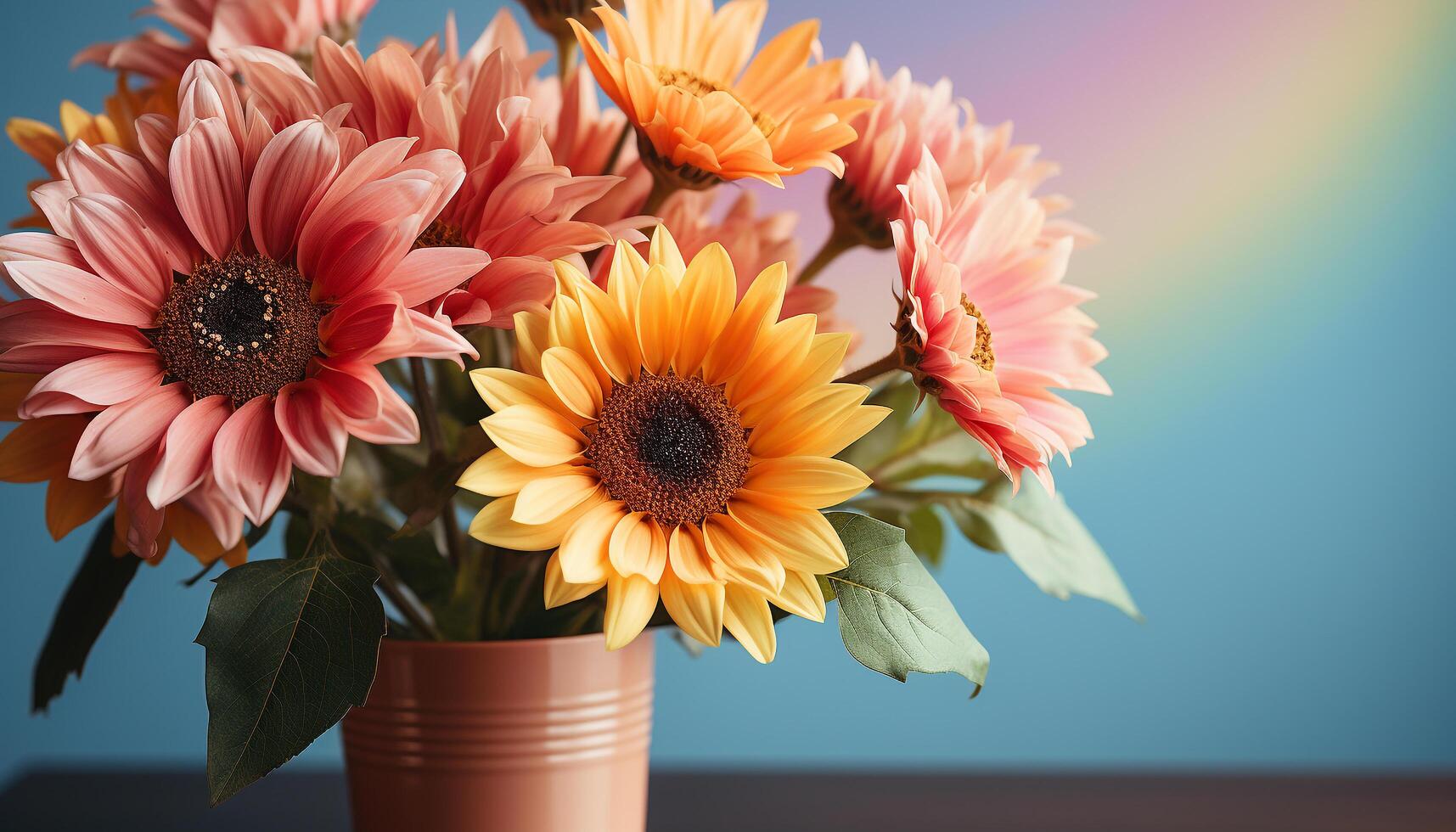 AI generated A vibrant bouquet of multi colored daisies brings nature indoors generated by AI photo