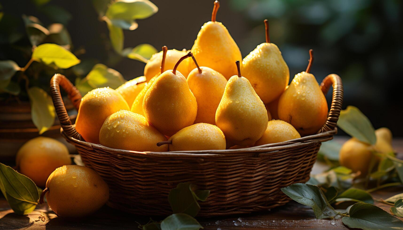 AI generated Fresh, ripe fruit in a wicker basket, nature healthy refreshment generated by AI photo
