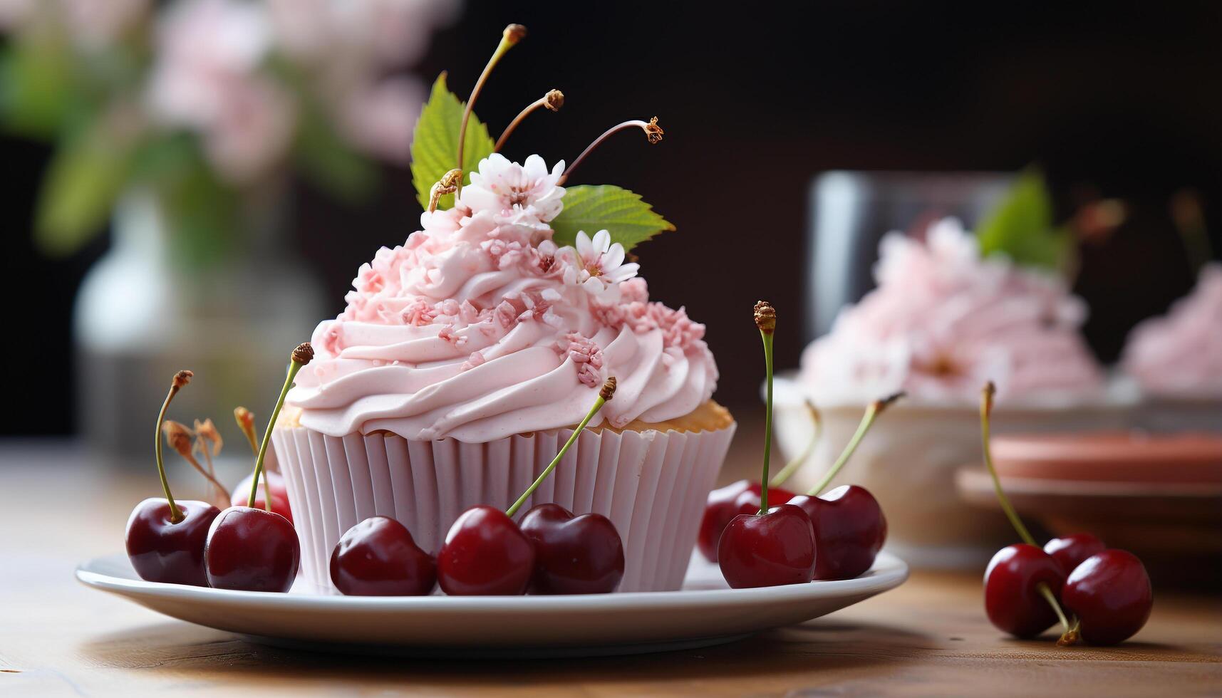 AI generated Freshly baked gourmet cupcakes with strawberry and raspberry decorations generated by AI photo