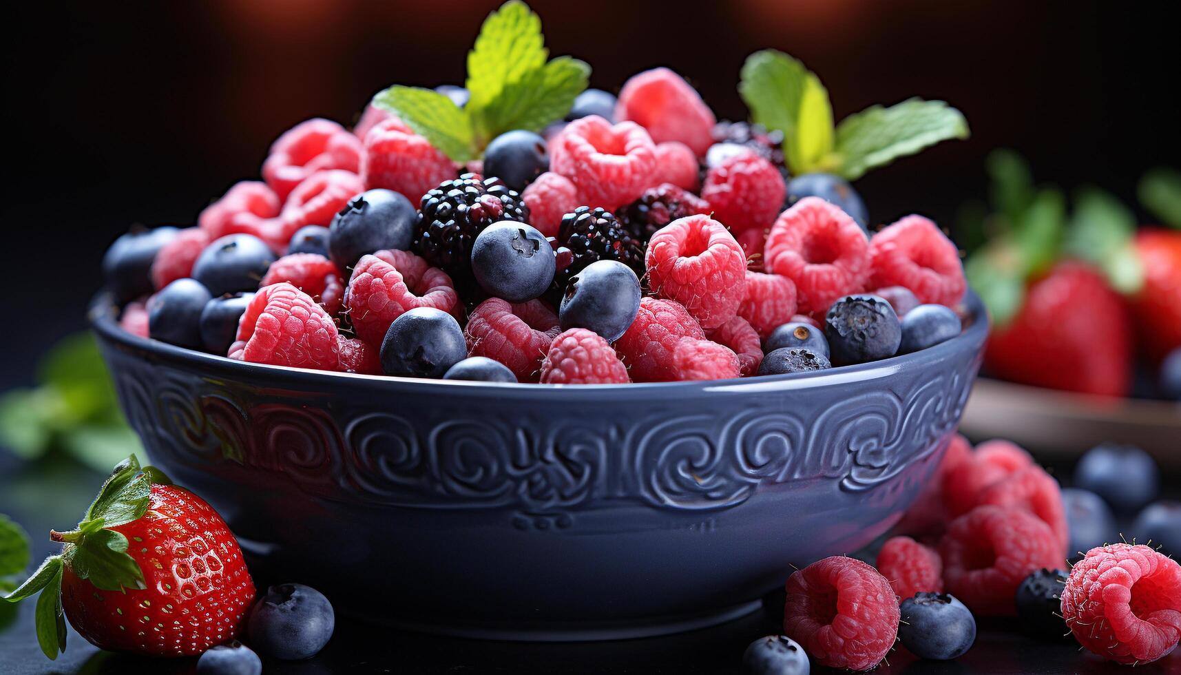 AI generated Freshness in a bowl raspberry, blueberry, strawberry, and mint generated by AI photo