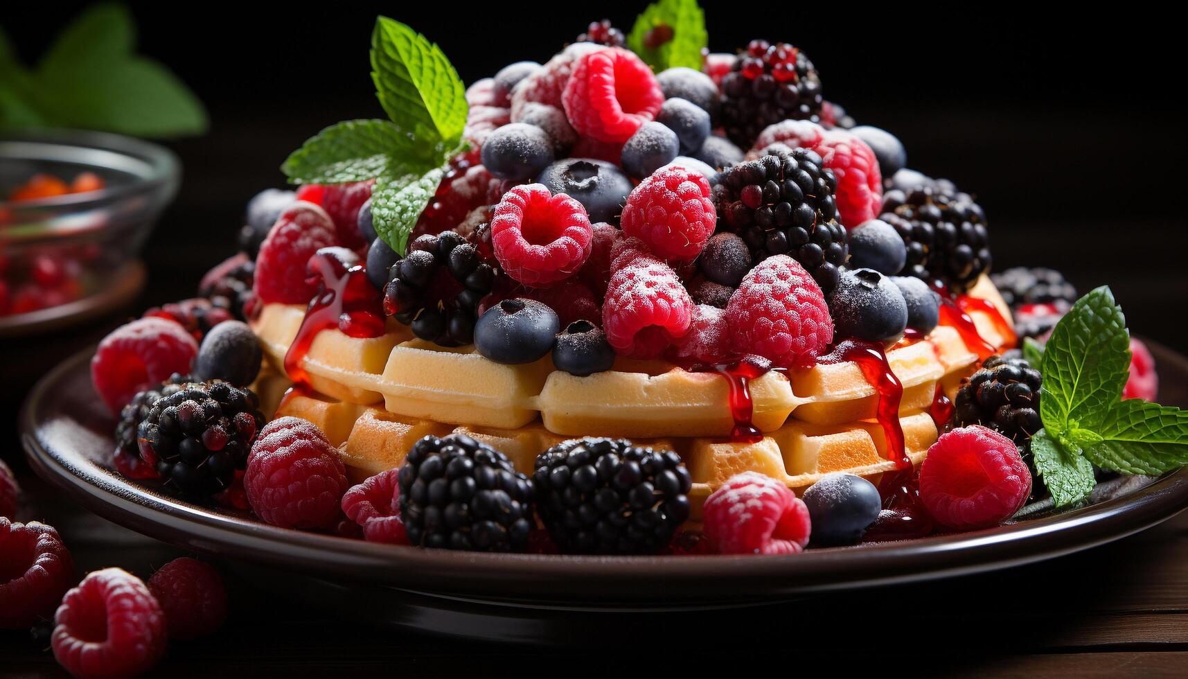 AI generated Fresh berry dessert on wooden plate, healthy and indulgent generated by AI photo