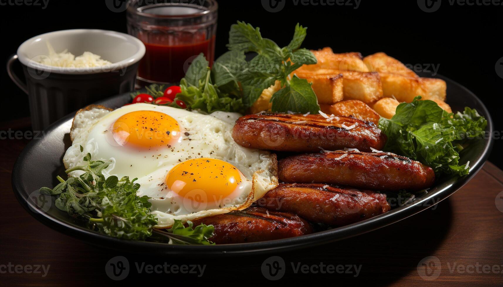 AI generated Grilled pork steak with fresh tomato salad on wooden plate generated by AI photo