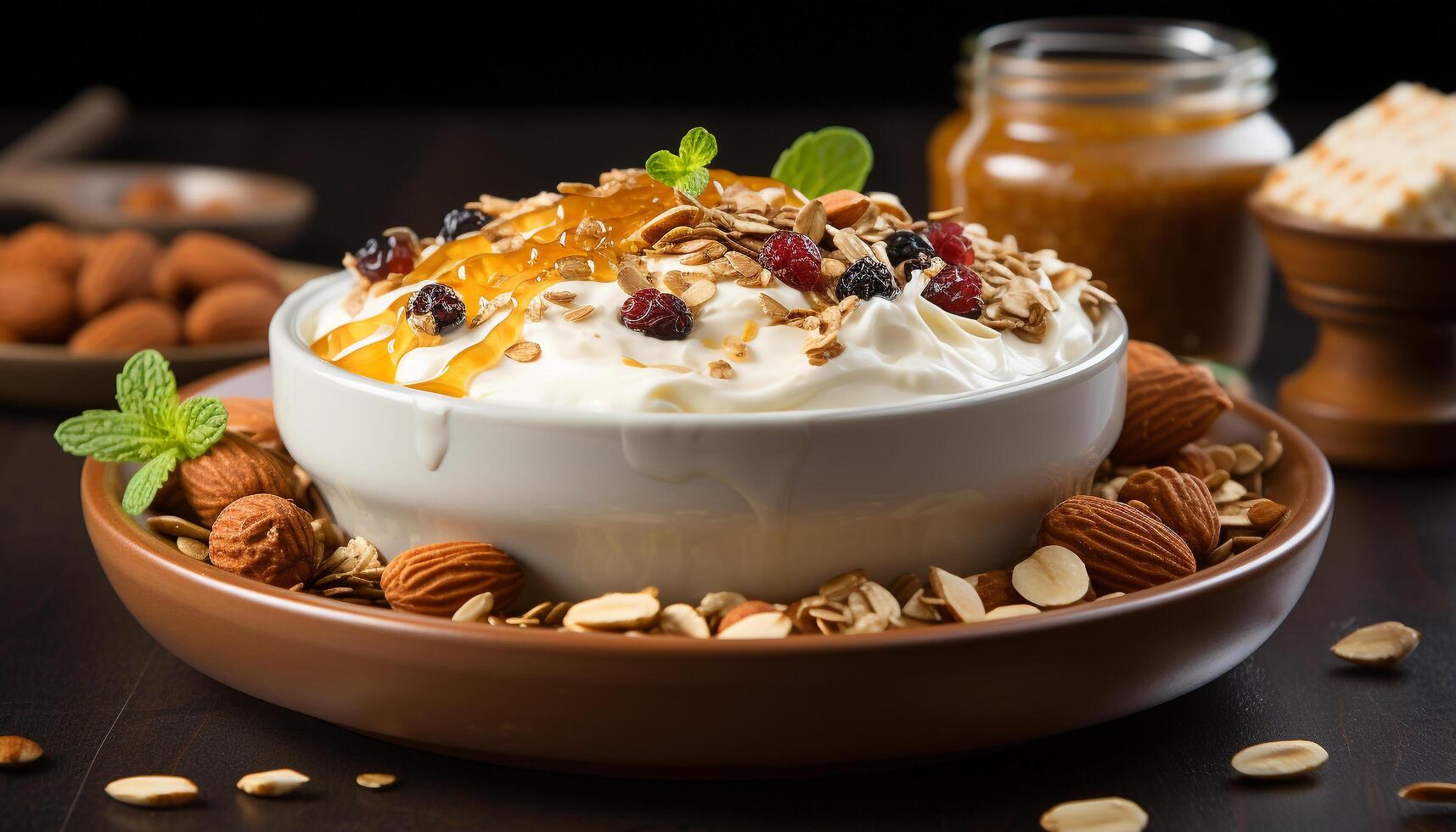 AI generated Freshness in a bowl homemade granola, yogurt, fruit, and nuts generated by AI photo