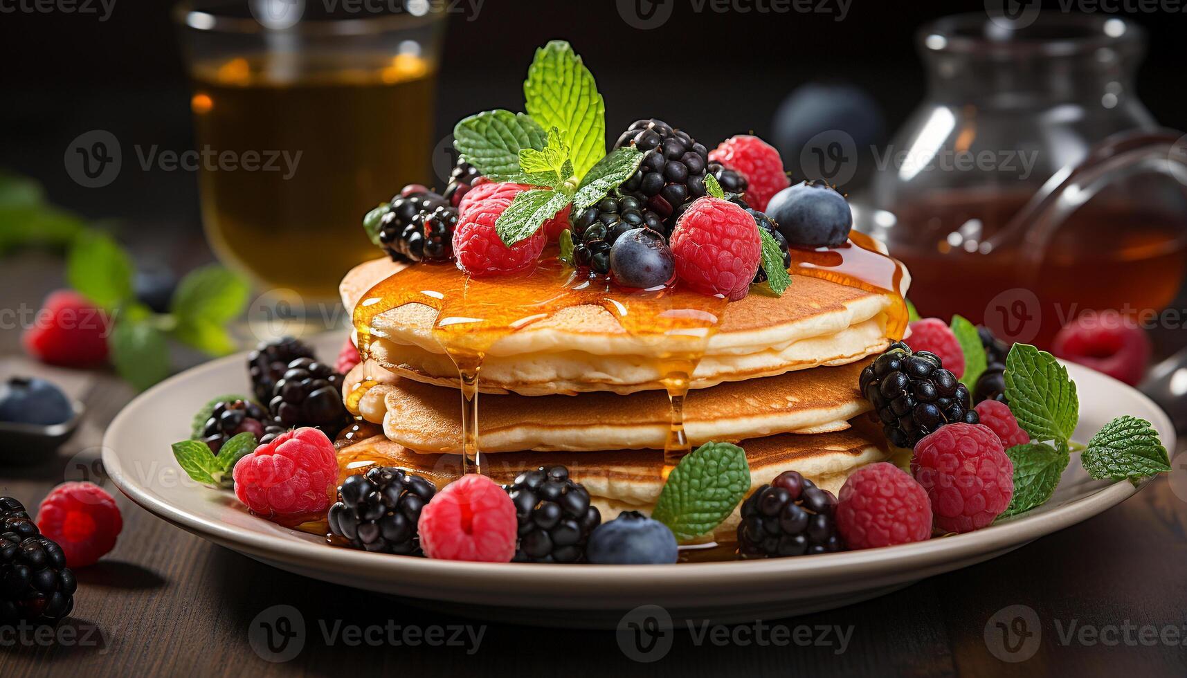 AI generated Fresh berry pancake stack with homemade syrup and mint leaf generated by AI photo