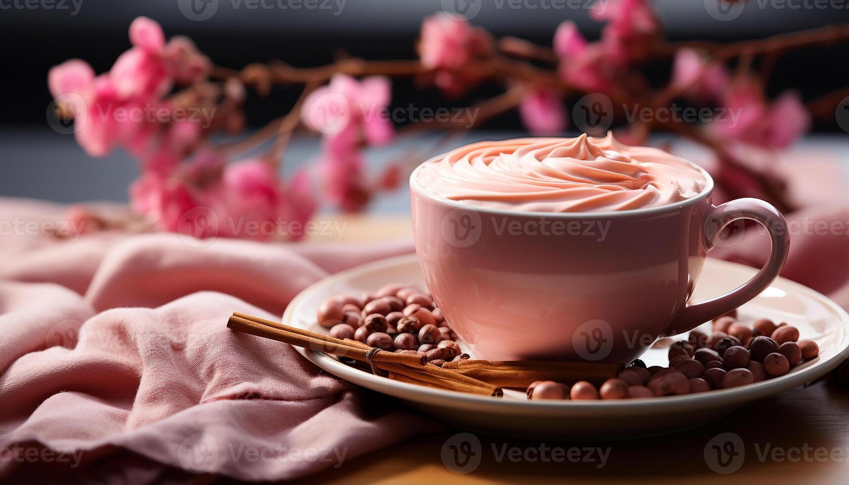 AI generated Aromatic coffee cup on wooden table, indulgent cappuccino refreshment generated by AI photo