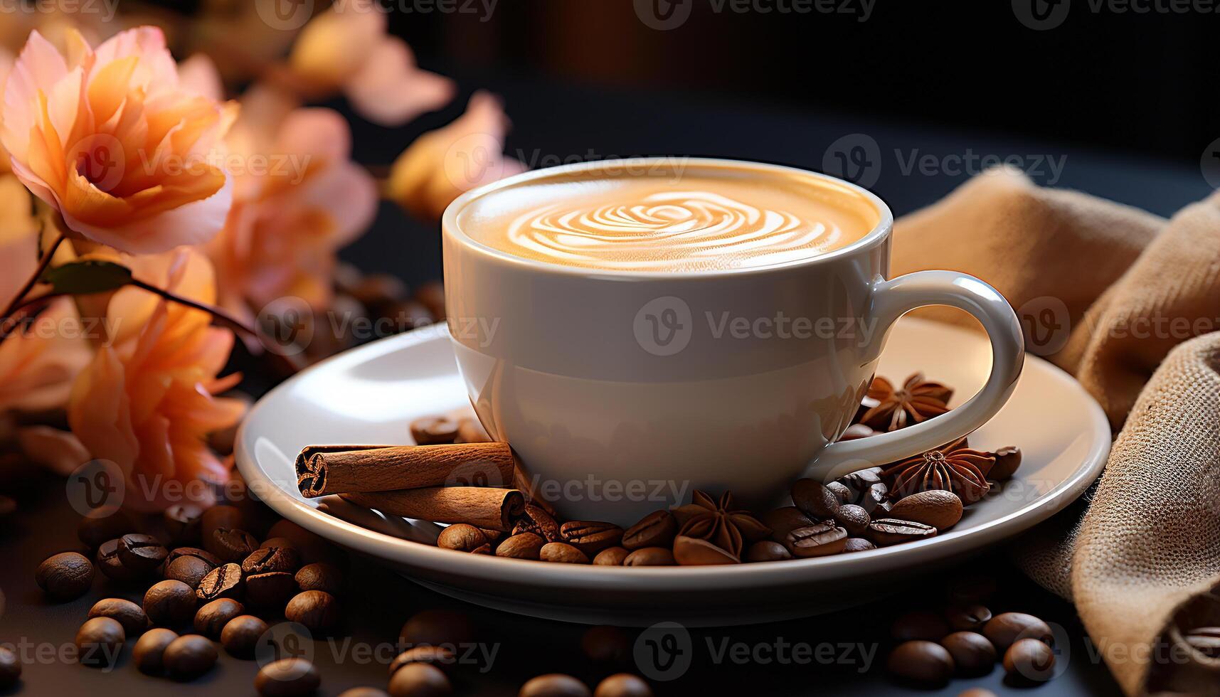 AI generated Coffee cup on wood table, frothy cappuccino with latte art generated by AI photo