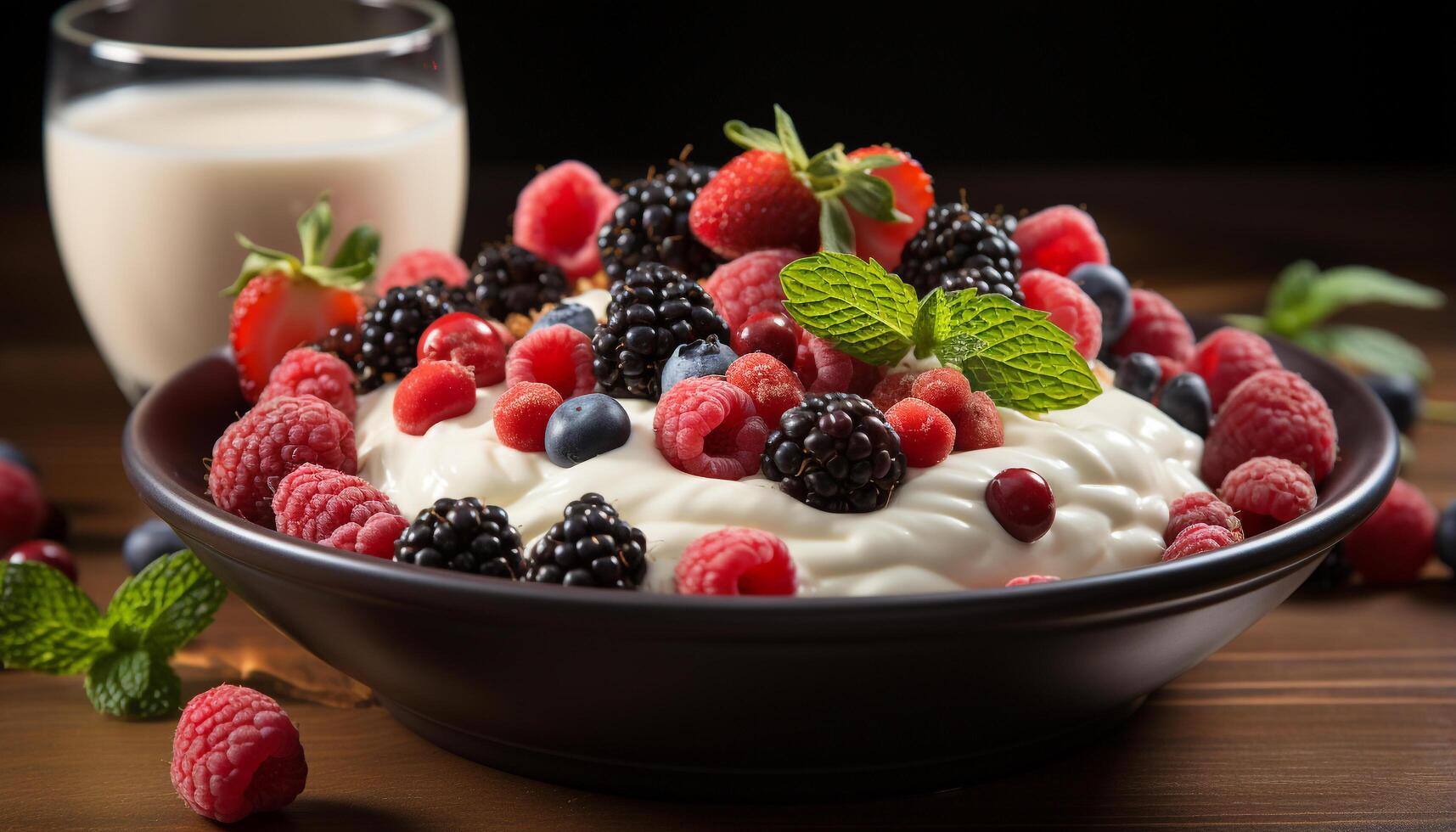 AI generated Healthy eating Fresh raspberry and blueberry dessert with yogurt and mint generated by AI photo