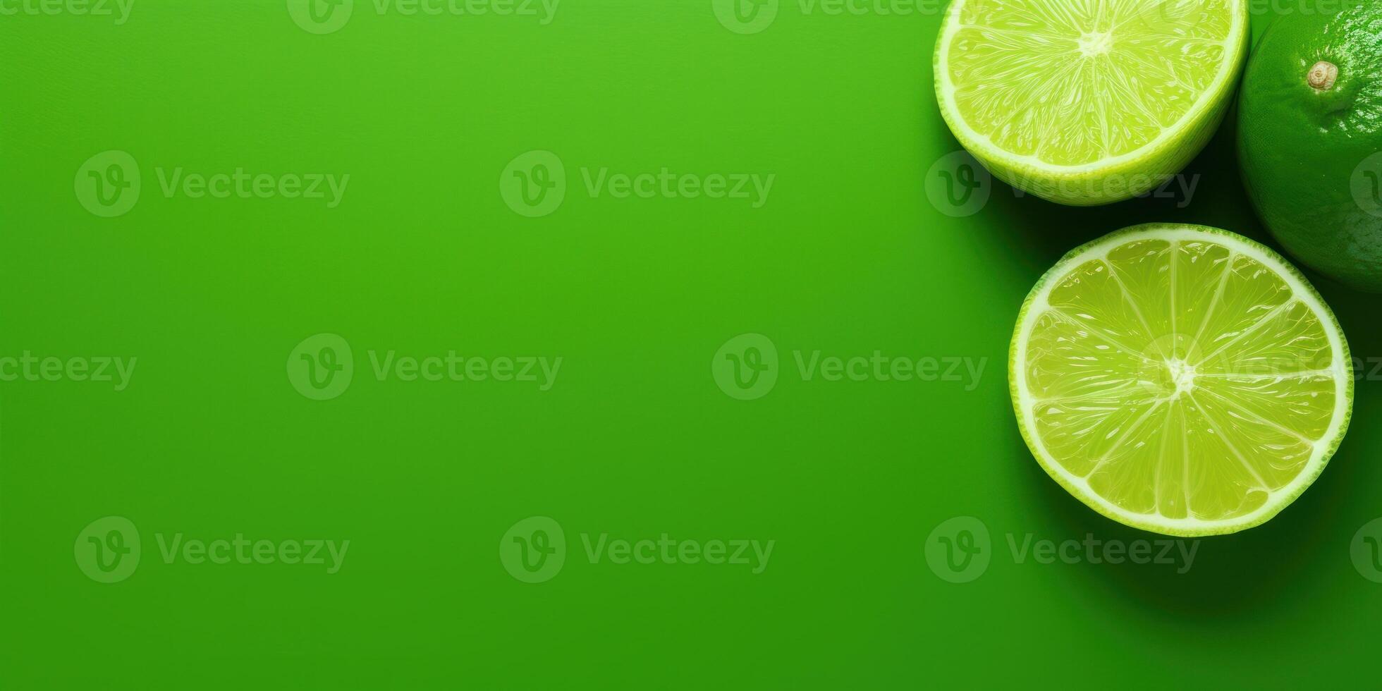 AI Generated Limes Slices on Green Background with Copy Space. Juicy Organic Food. Healthy Nourishment. Generative AI photo