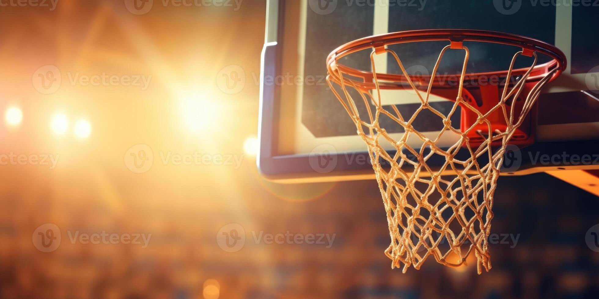 AI Generated Close-Up of a Basketball Hoop with Net Against a Blurred Arena Background, Illuminated by Warm Lights. Generative AI photo