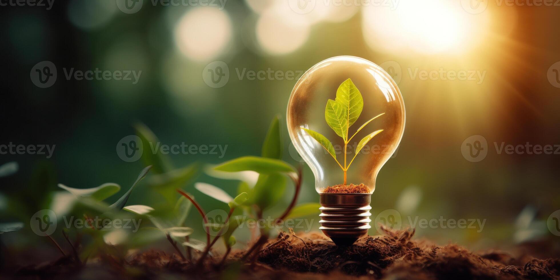 AI Generated Light Bulb With Plant Inside, Green Energy Concept. Renewable Electric Power. Generative AI photo