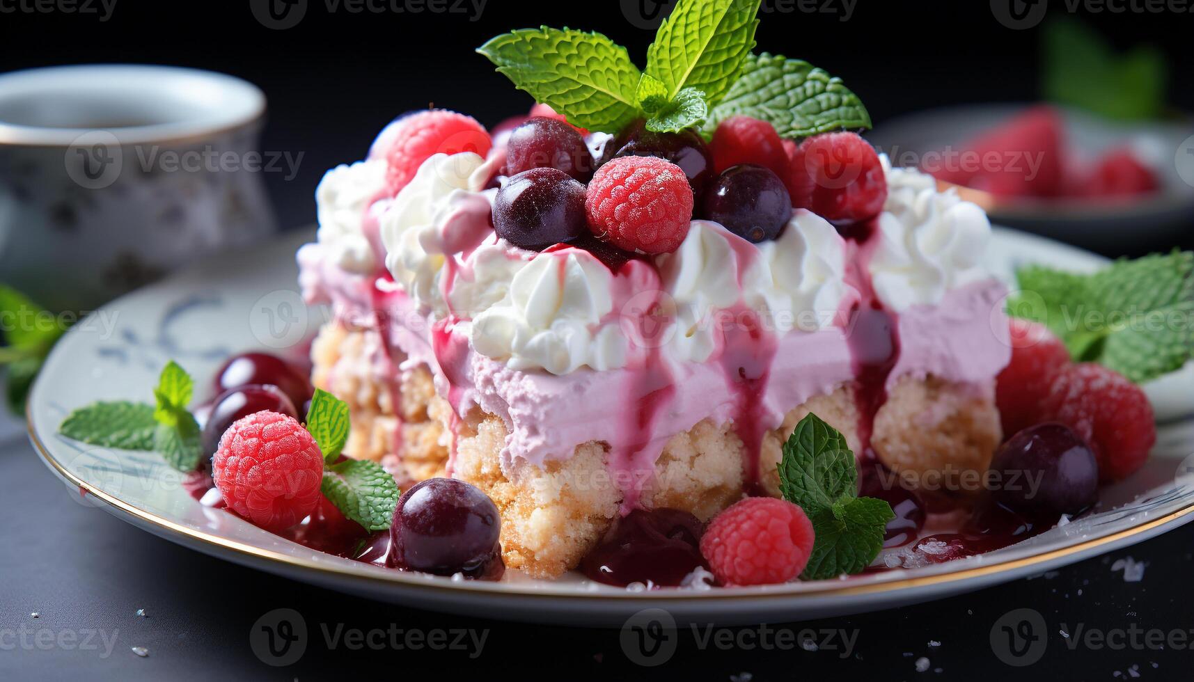 AI generated Freshness and sweetness on a plate berry fruit and cream generated by AI photo