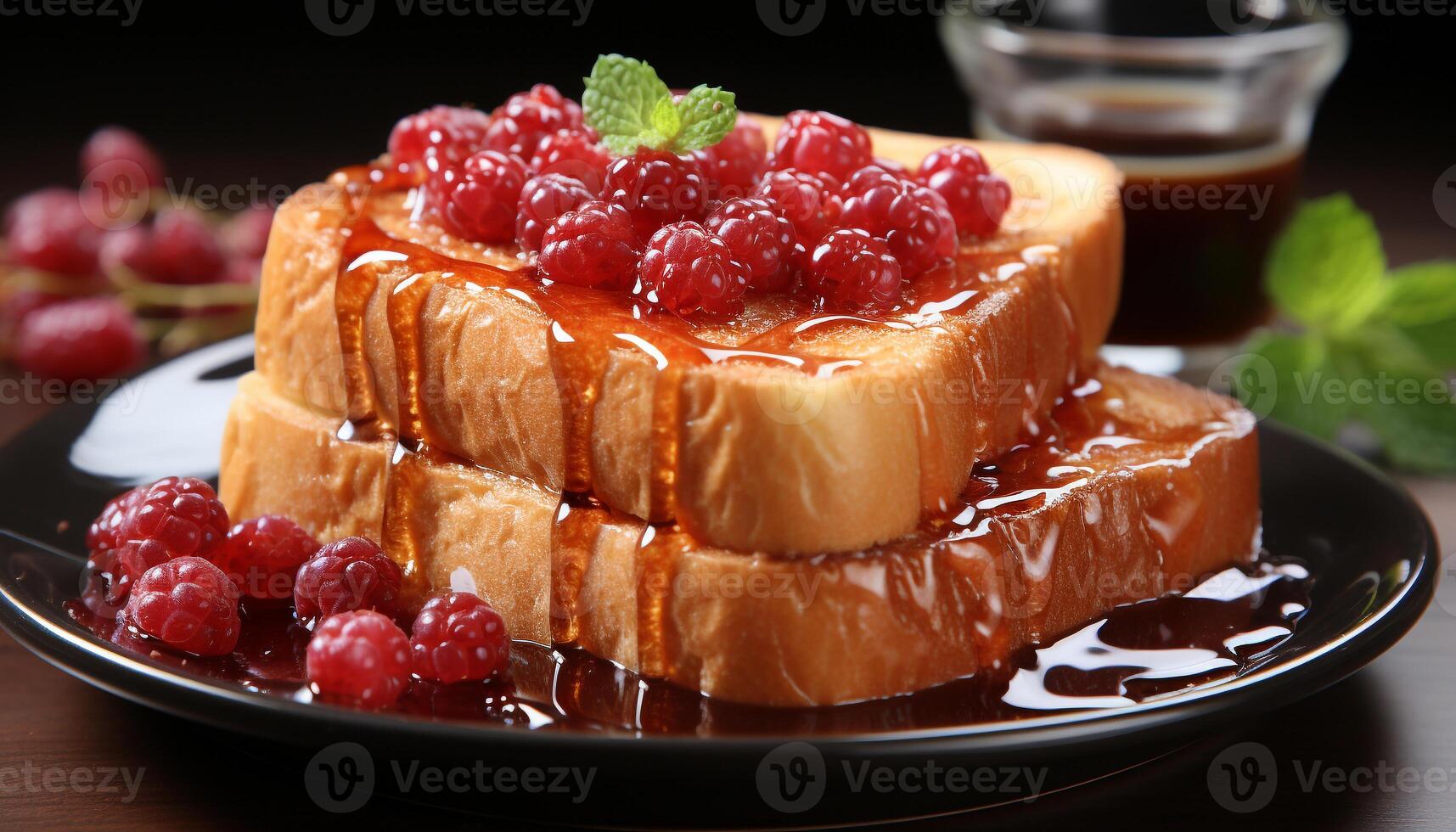 AI generated Homemade pancake stack with fresh berries, chocolate sauce, and mint generated by AI photo