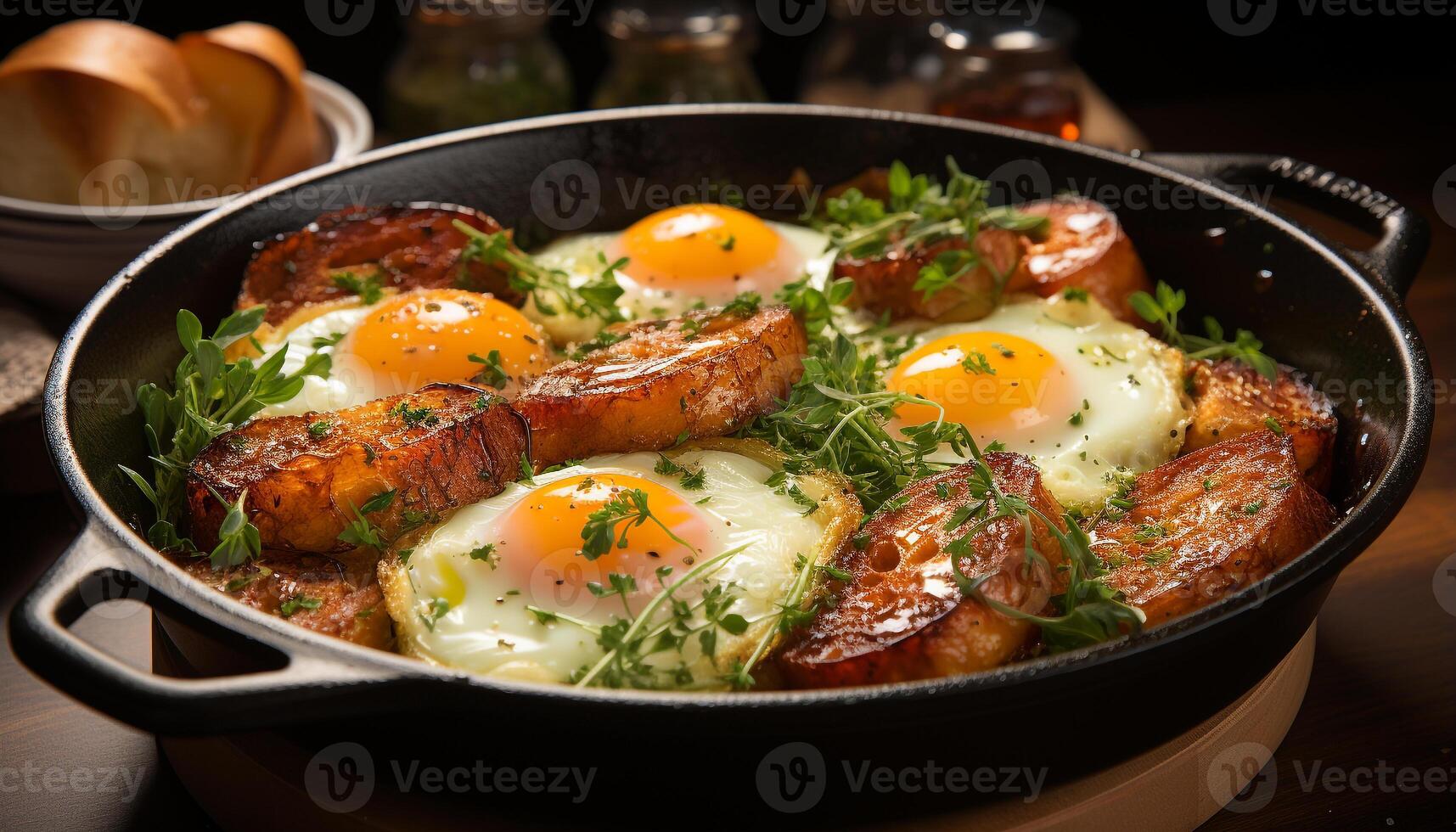 AI generated Fried pork, grilled tomato, healthy meal, rustic homemade cooking generated by AI photo