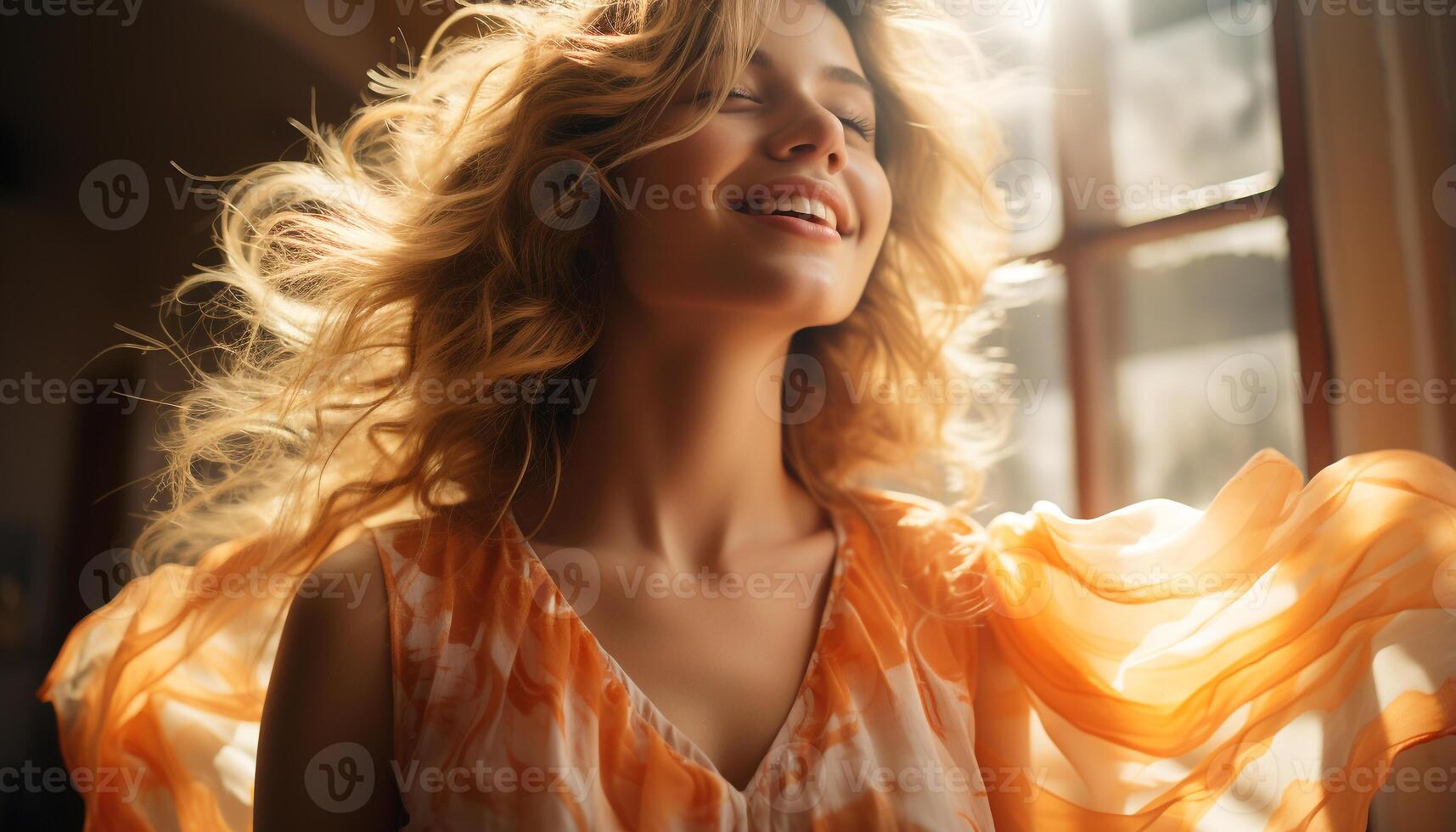 AI generated Young woman with long blond hair smiling, enjoying the summer sunset generated by AI photo