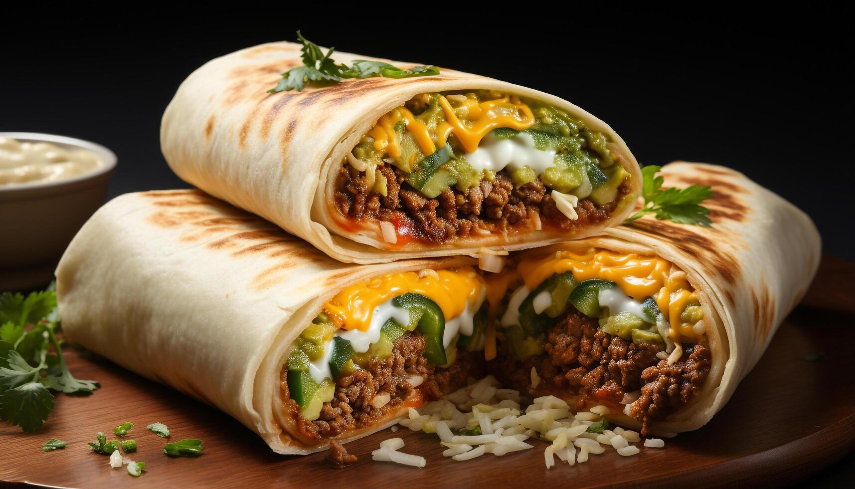 AI generated Gourmet Mexican burrito meat, tortilla, guacamole, cilantro, tomato, sour cream generated by AI photo