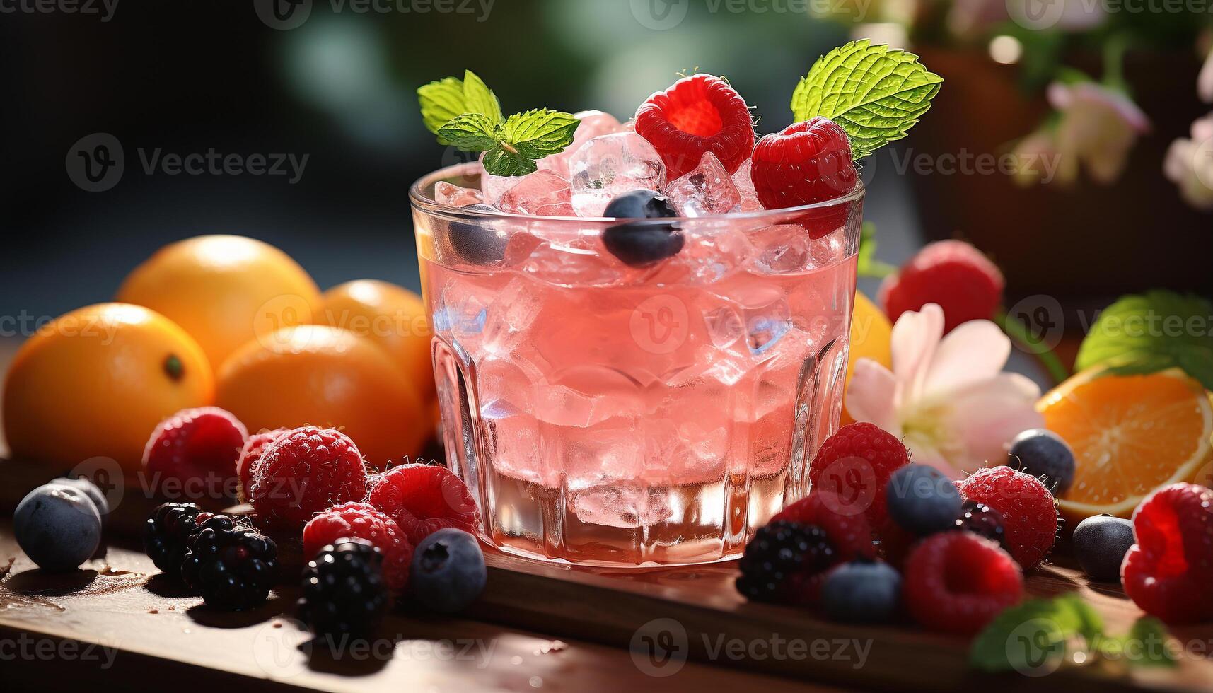 AI generated Freshness of summer berries on wood, a healthy gourmet dessert generated by AI photo