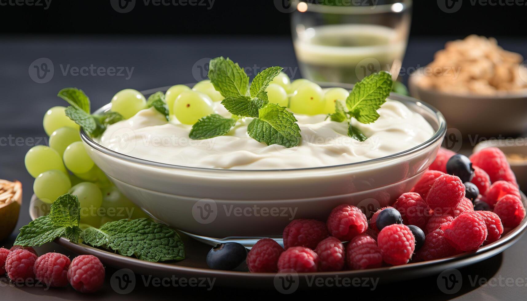 AI generated Fresh raspberry yogurt dessert with mint leaf garnish on wooden bowl generated by AI photo