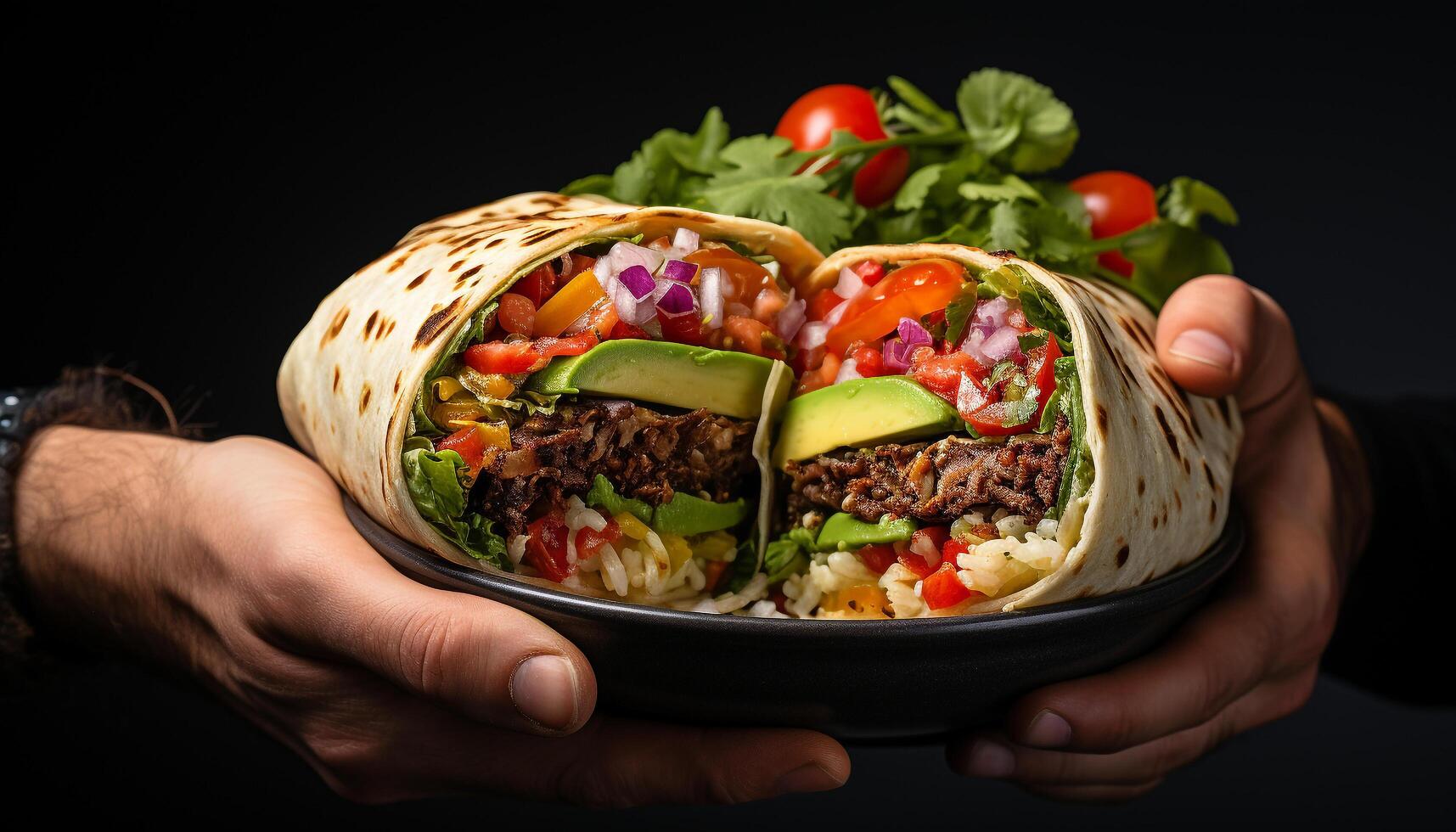 AI generated Homemade Mexican taco grilled beef, fresh vegetables, and spicy guacamole generated by AI photo