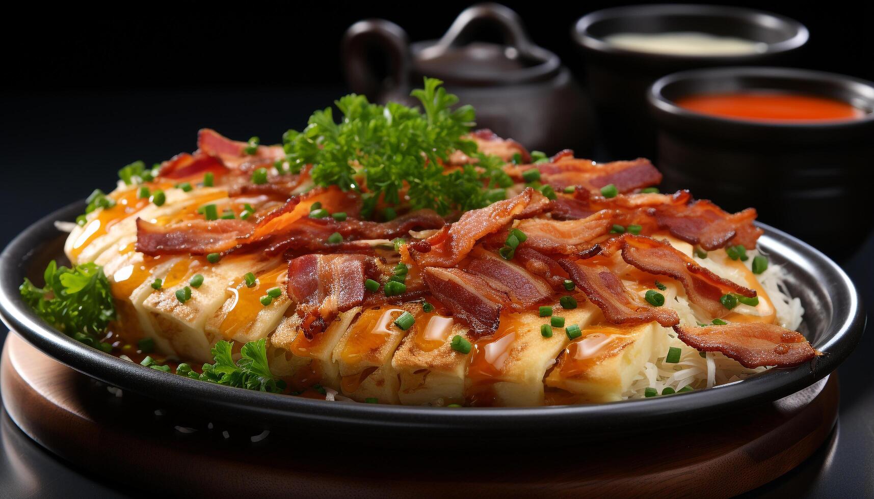 AI generated Grilled pork slice with fresh vegetable salad, ready to eat generated by AI photo