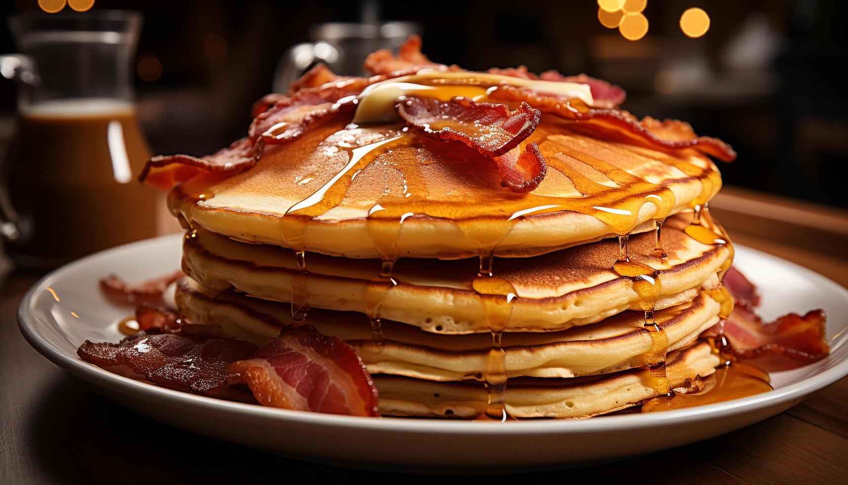 AI generated Freshly cooked stack of homemade pancakes with syrup and fruit generated by AI photo