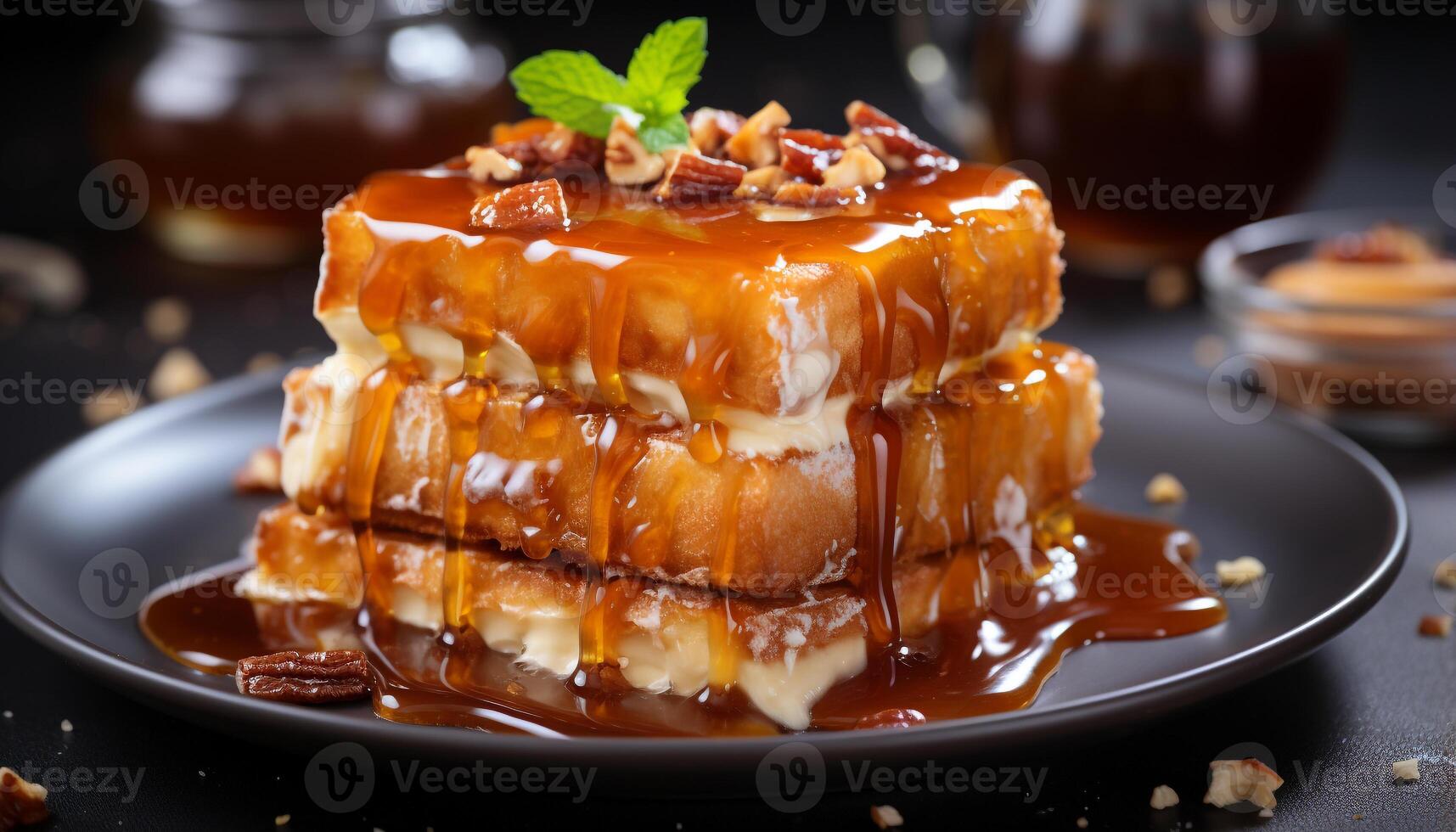AI generated A stack of homemade pancakes topped with sweet syrup and fruit generated by AI photo