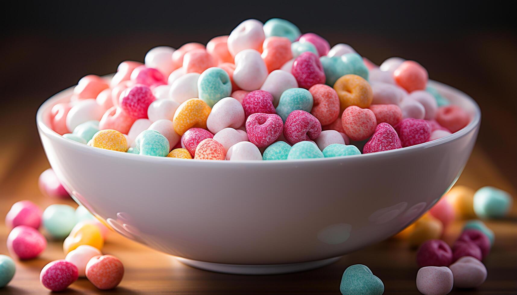 AI generated A colorful bowl of sweet treats on a wooden table generated by AI photo