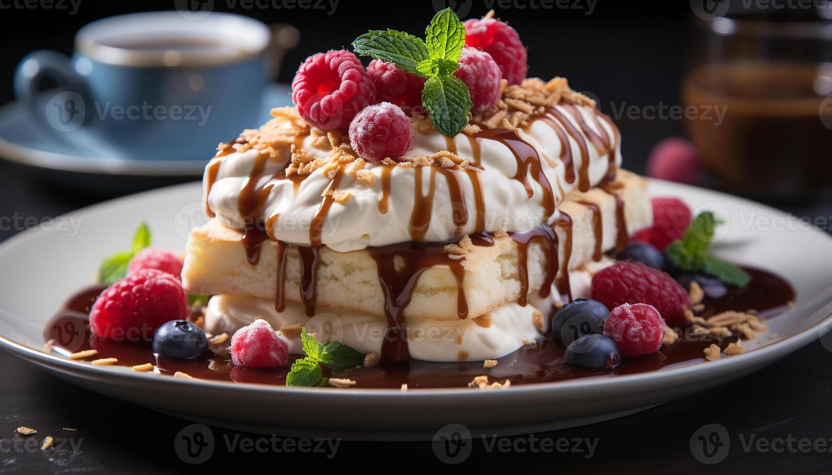 AI generated Homemade gourmet dessert fresh berry pancake with chocolate sauce generated by AI photo
