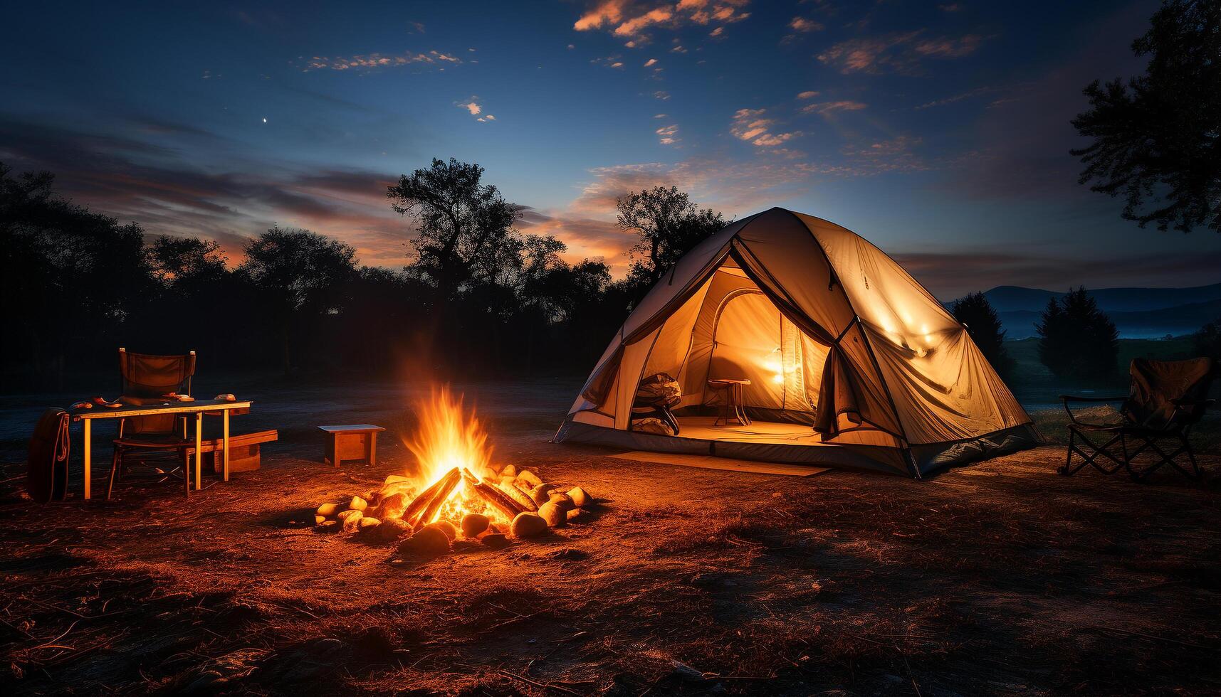 AI generated Camping adventure nature beauty, fire warmth, tranquil relaxation generated by AI photo