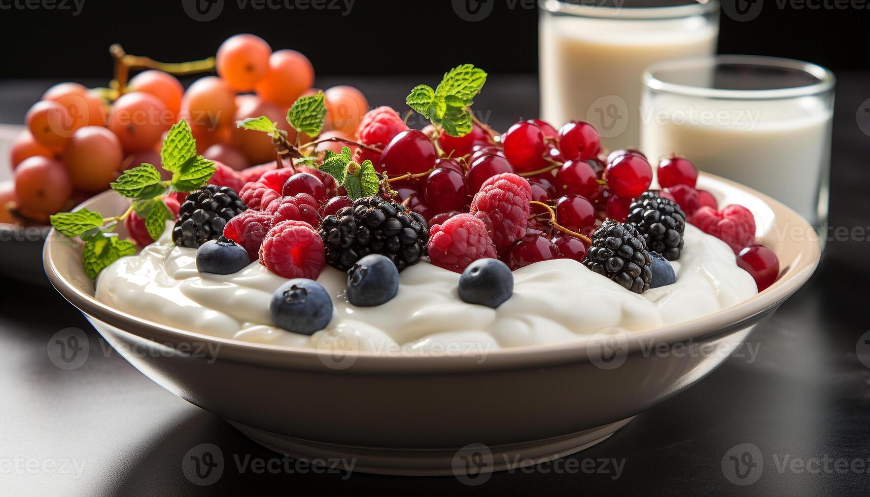 AI generated Healthy eating Fresh fruit parfait with yogurt, granola, and berries generated by AI photo