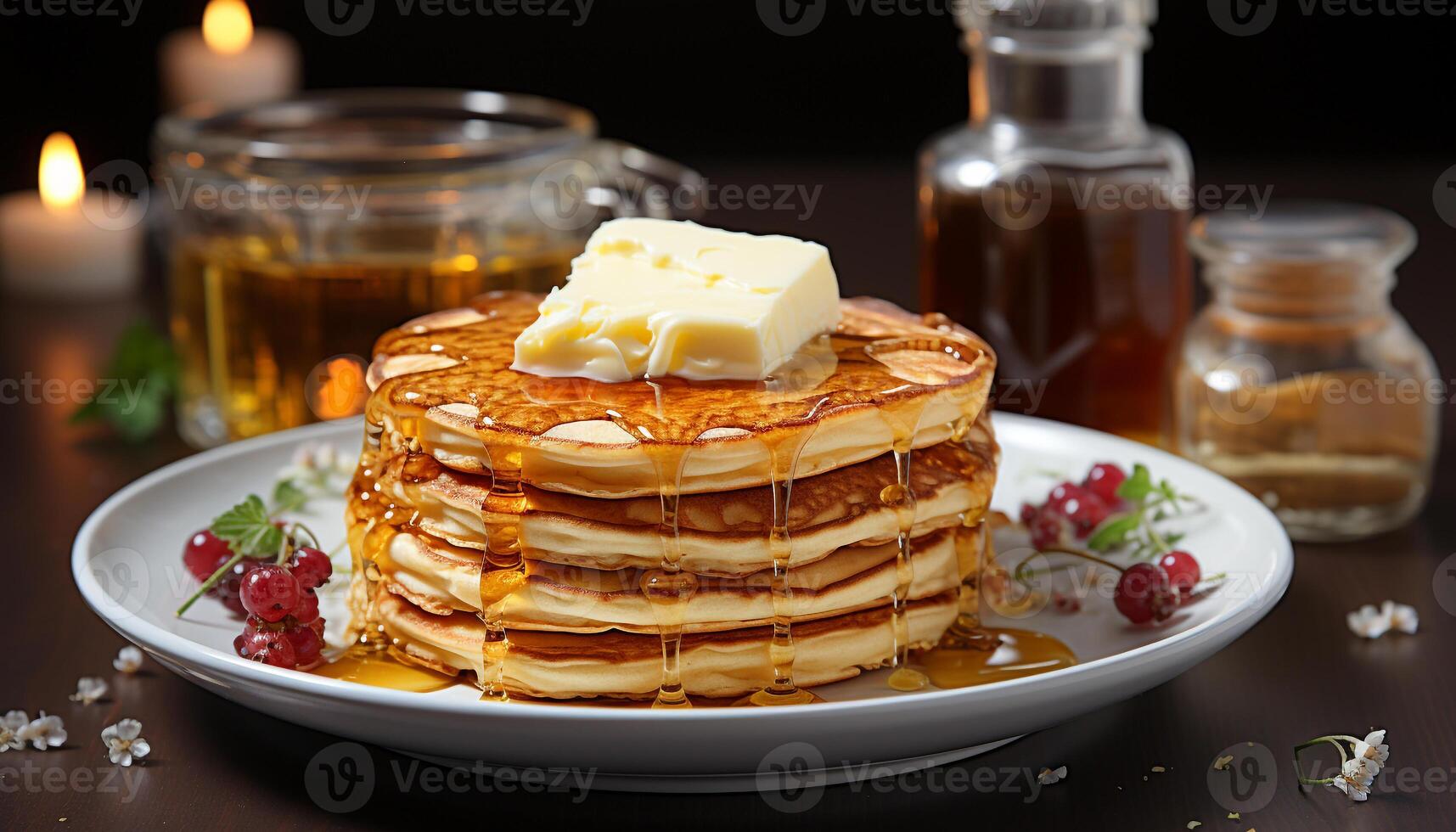 AI generated Freshness and sweetness on a plate homemade pancake stack with honey generated by AI photo
