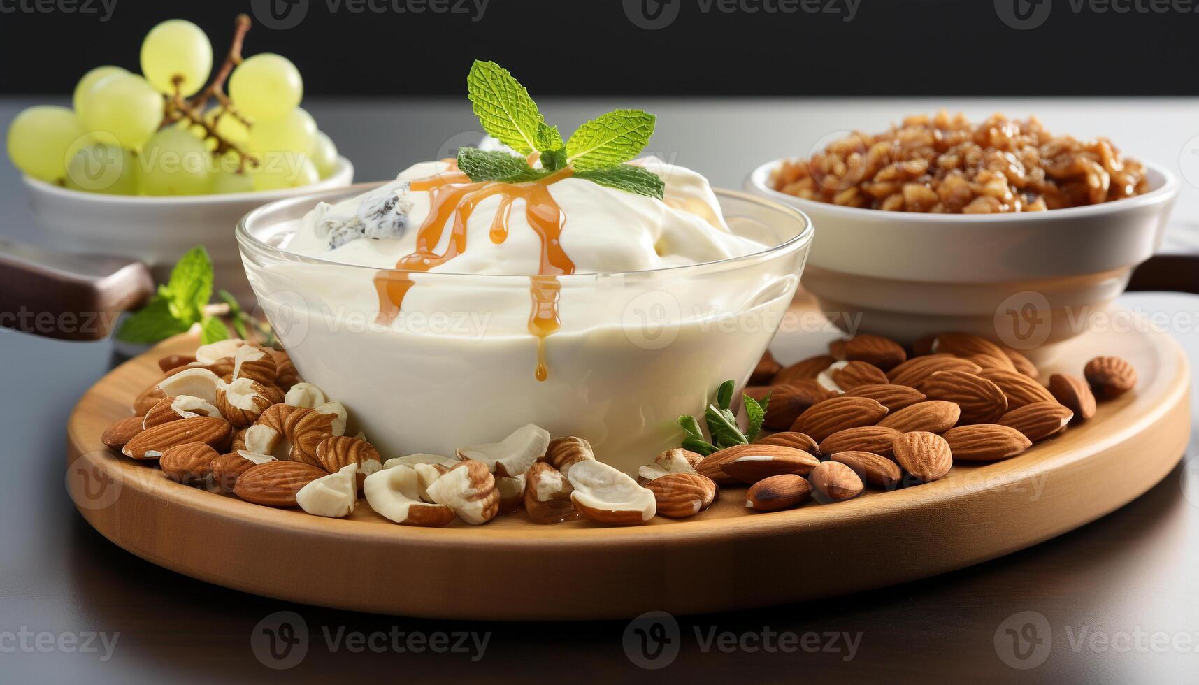 AI generated Freshness and sweetness in a gourmet dessert bowl with fruit generated by AI photo