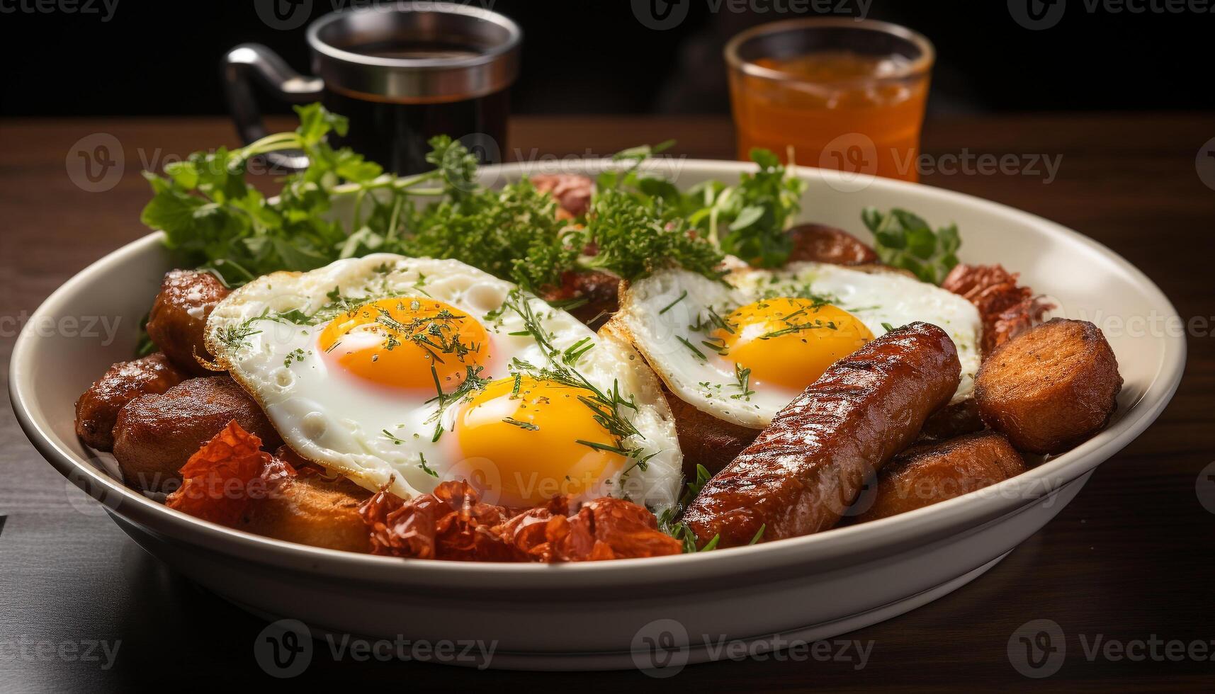 AI generated Freshness and heat on a plate, cooked pork and bread generated by AI photo