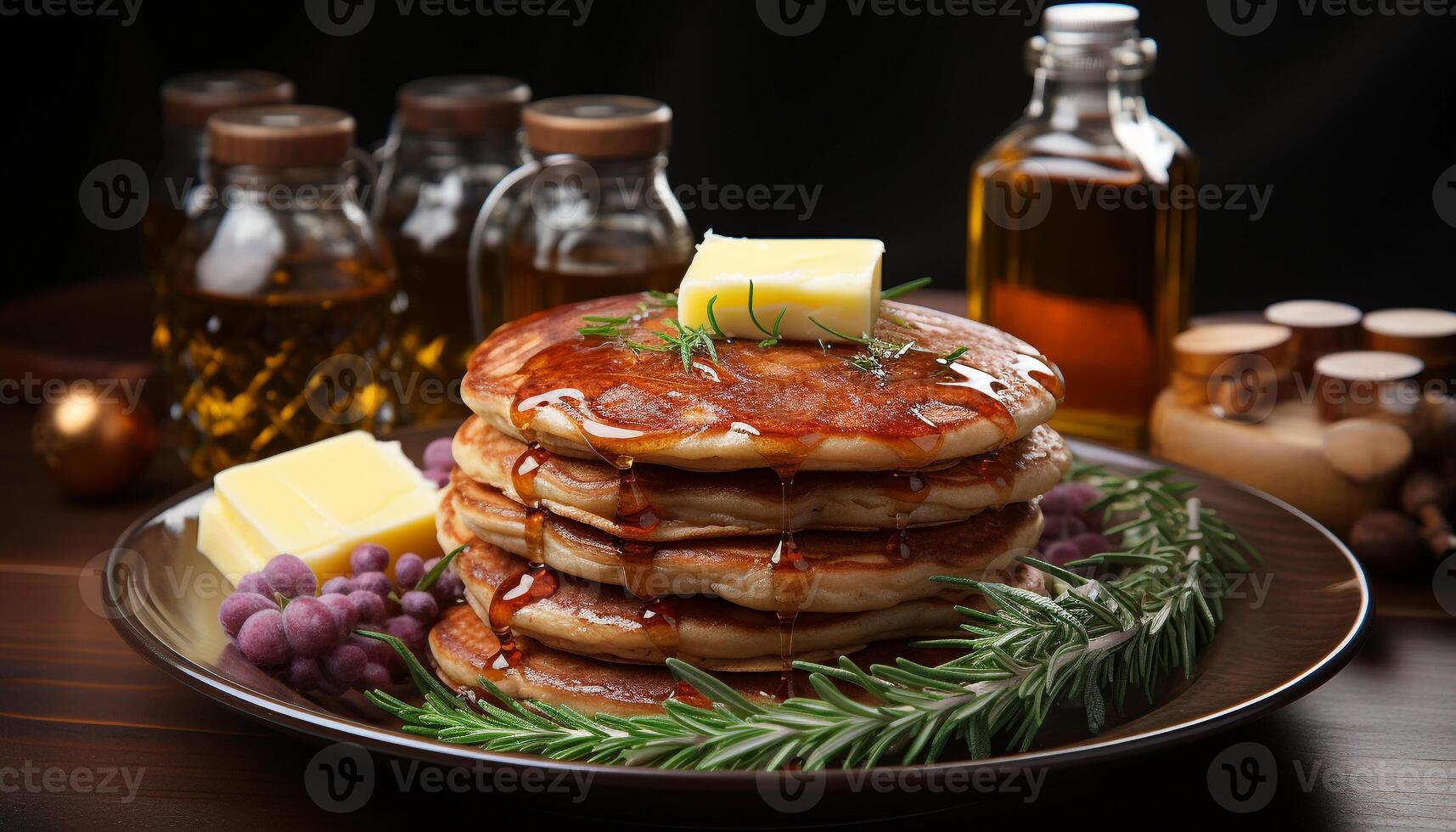 AI generated Homemade pancake stack on rustic wood plate, drizzled with honey generated by AI photo