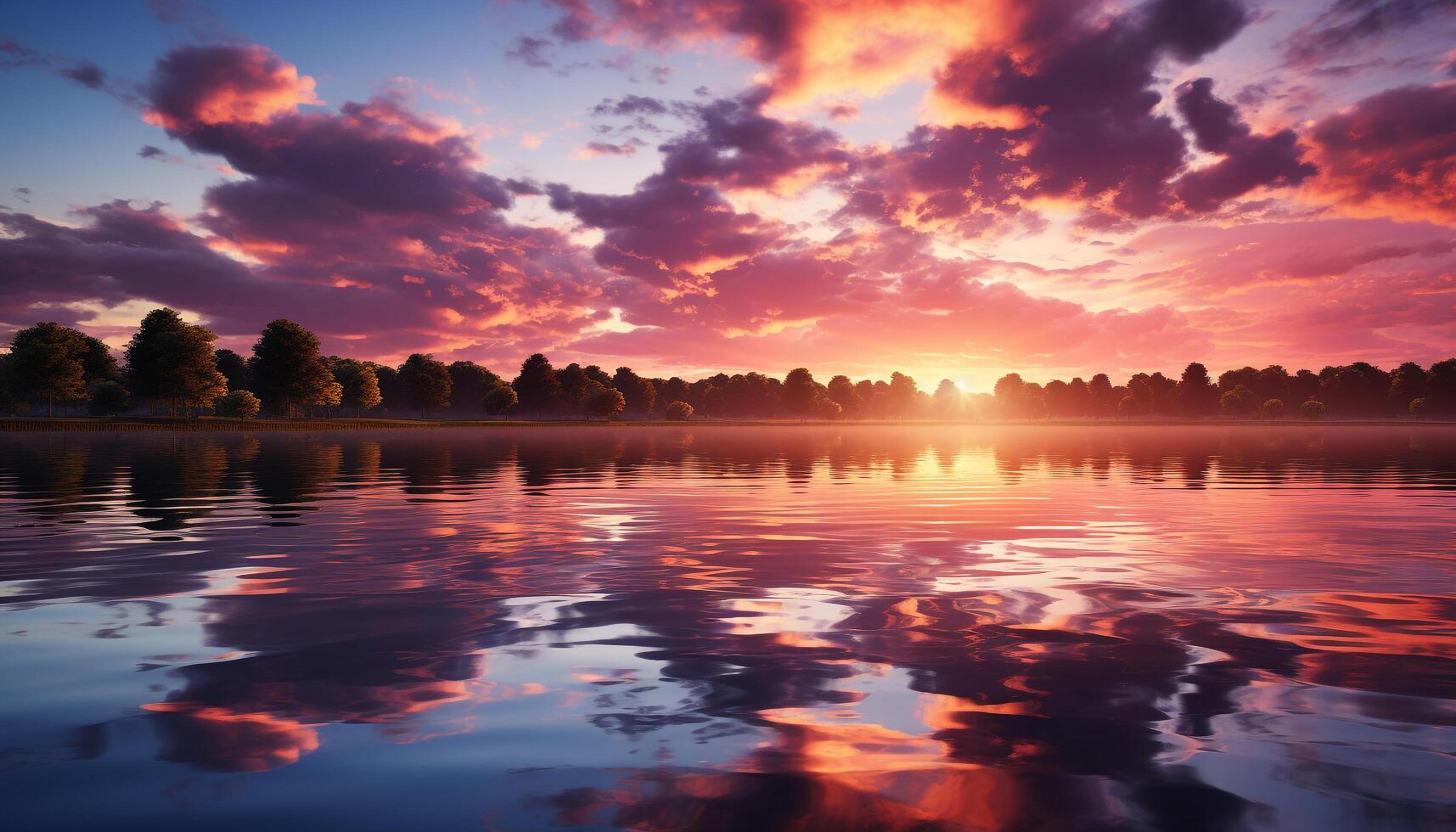 AI generated Sunset over water, nature reflection, tranquil scene, vibrant colors generated by AI photo