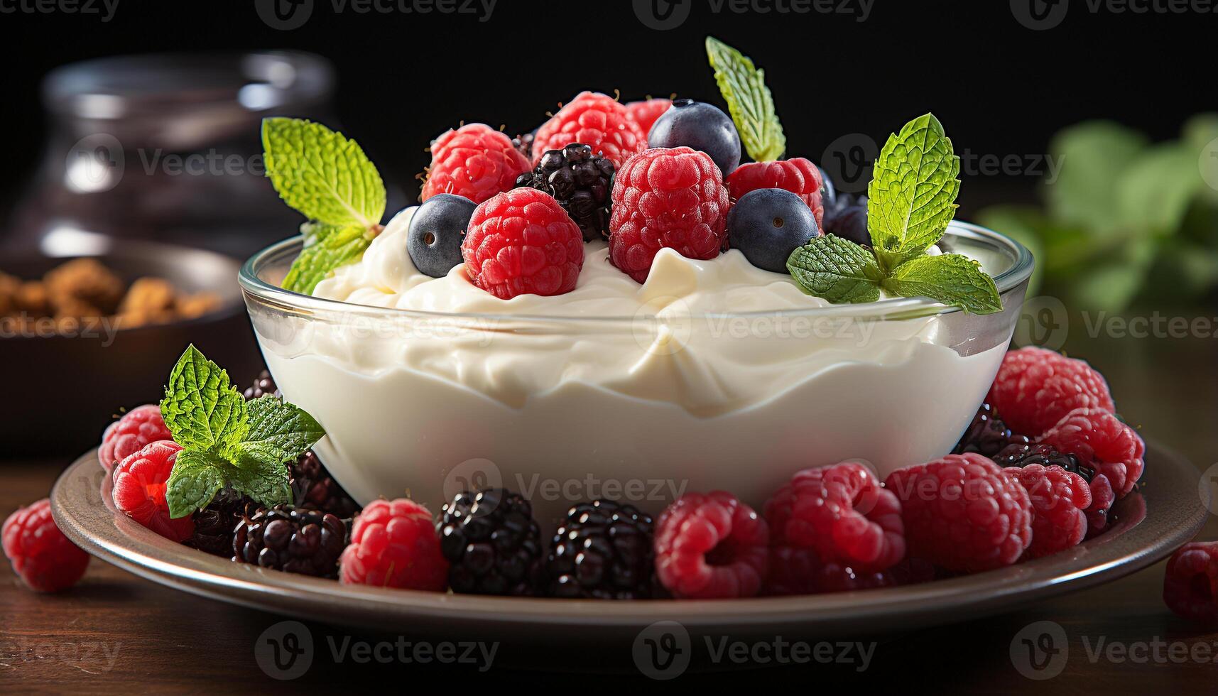 AI generated Fresh berry parfait with mint leaf on wooden table generated by AI photo