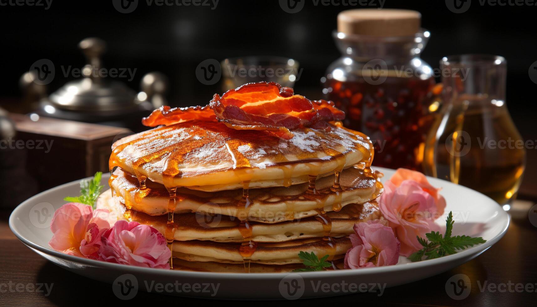 AI generated Freshness on plate homemade pancake stack with sweet honey generated by AI photo