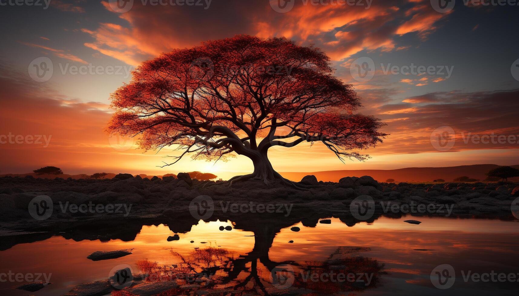 AI generated Silhouette of tree reflects tranquil sunset on water generated by AI photo