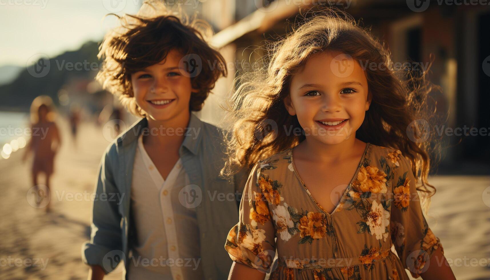 AI generated Smiling girls, cheerful boys, outdoors, summer fun, family bonding generated by AI photo