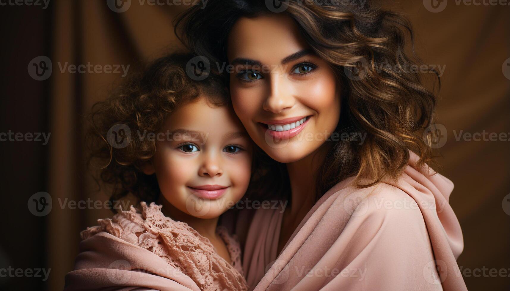 AI generated Smiling child, cheerful mother, embracing family, love and happiness generated by AI photo