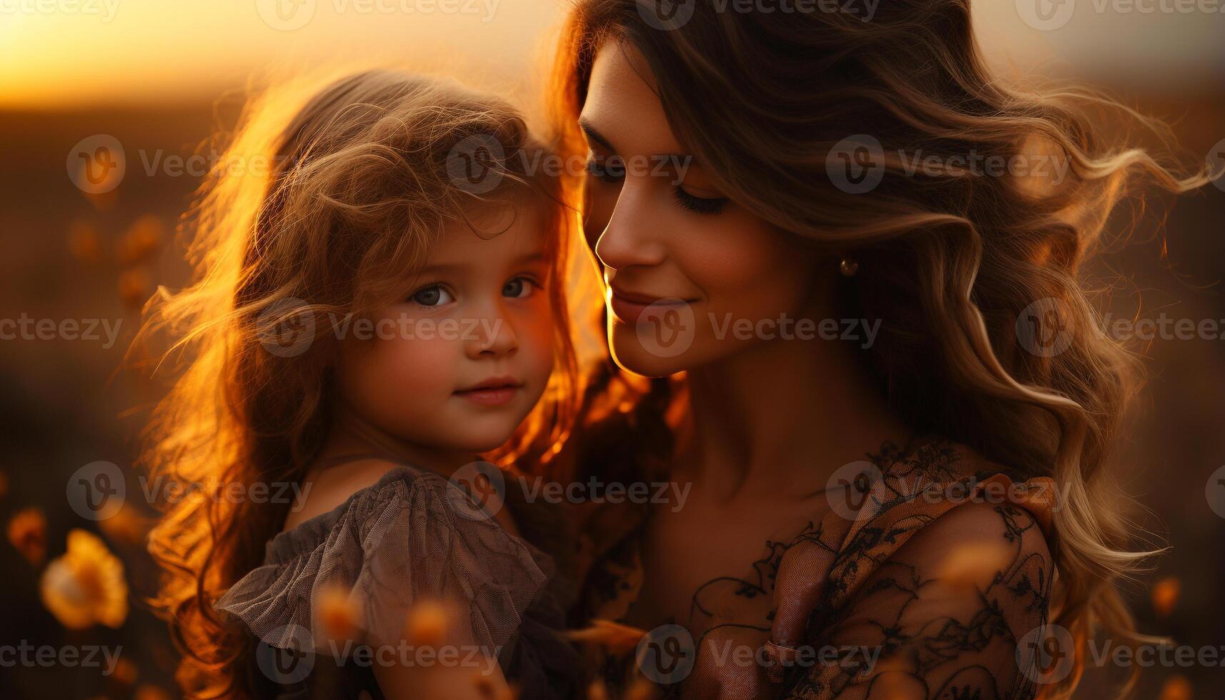 AI generated A beautiful mother and child embrace, enjoying nature sunset generated by AI photo