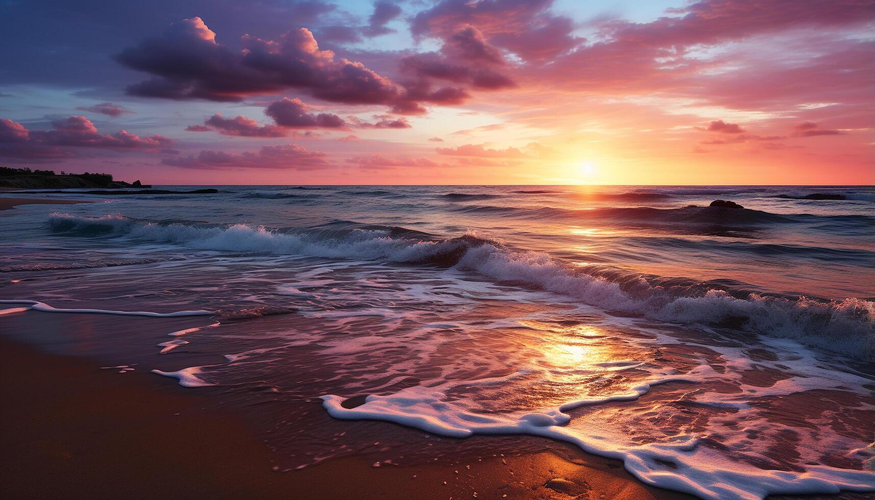ai generado puesta de sol terminado el tranquilo línea costera, naturaleza belleza reflejado en agua generado por ai foto