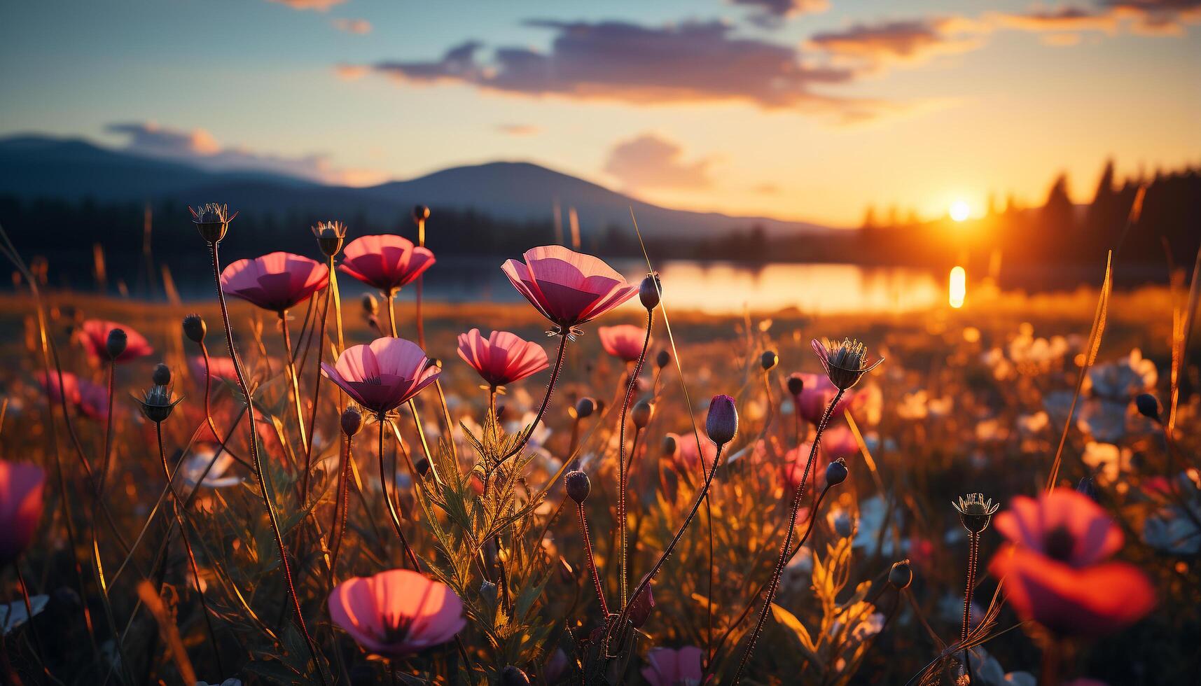 ai generado el vibrante puesta de sol pinturas un idílico prado de flores silvestres generado por ai foto