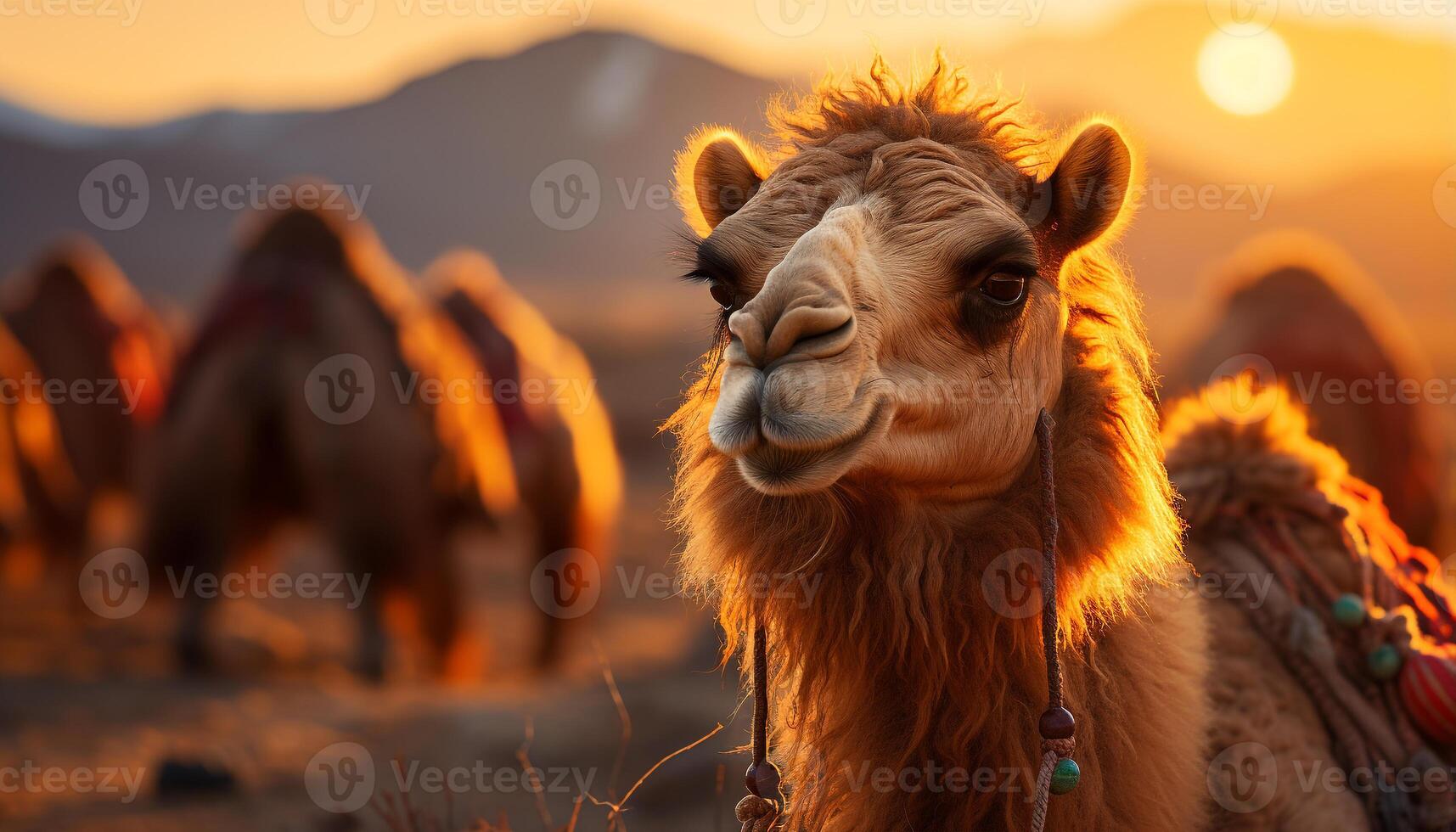 AI generated A cute camel gazes at the sunset on the farm generated by AI photo