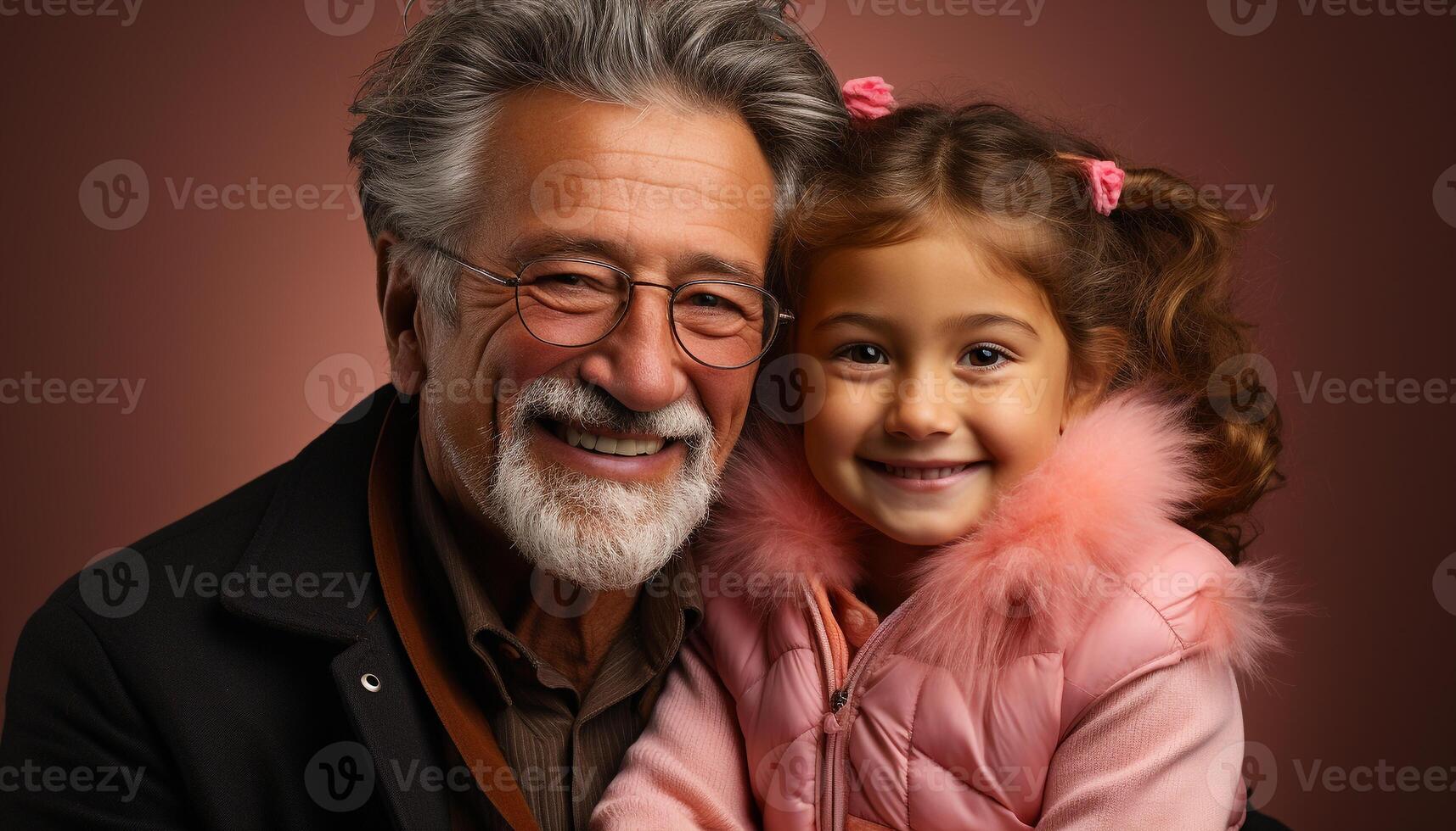 AI generated Smiling senior adult embracing cute grandchild, looking at camera generated by AI photo