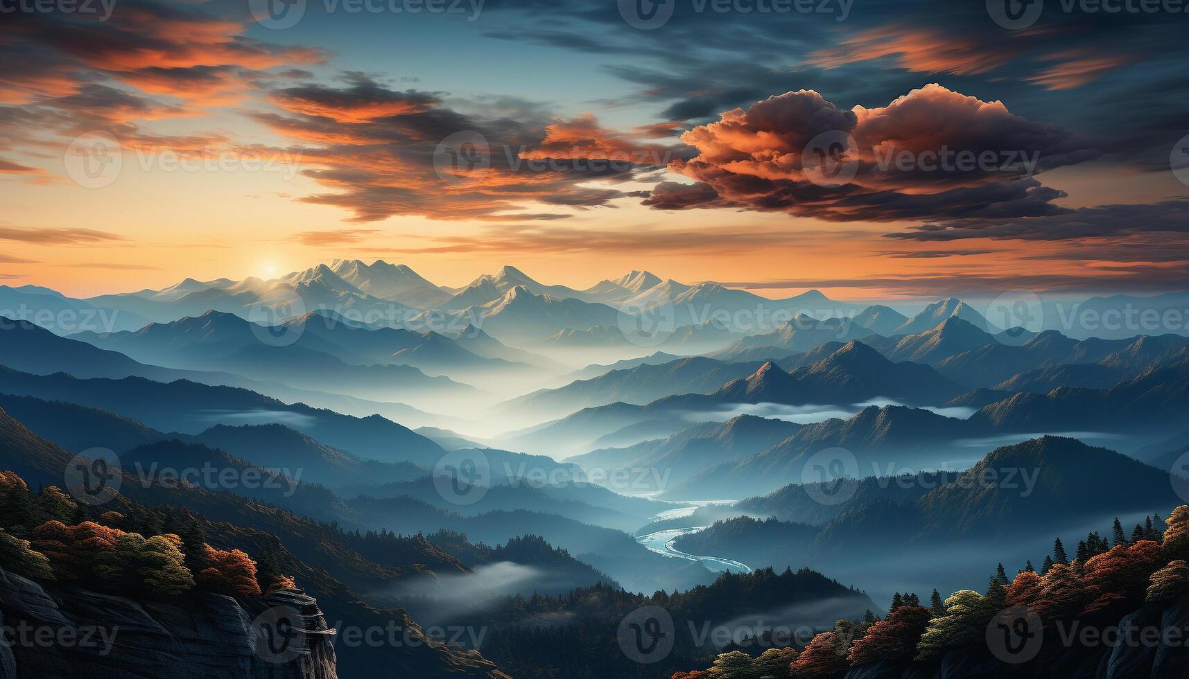 AI generated Majestic mountain peak silhouettes in tranquil autumn landscape generated by AI photo