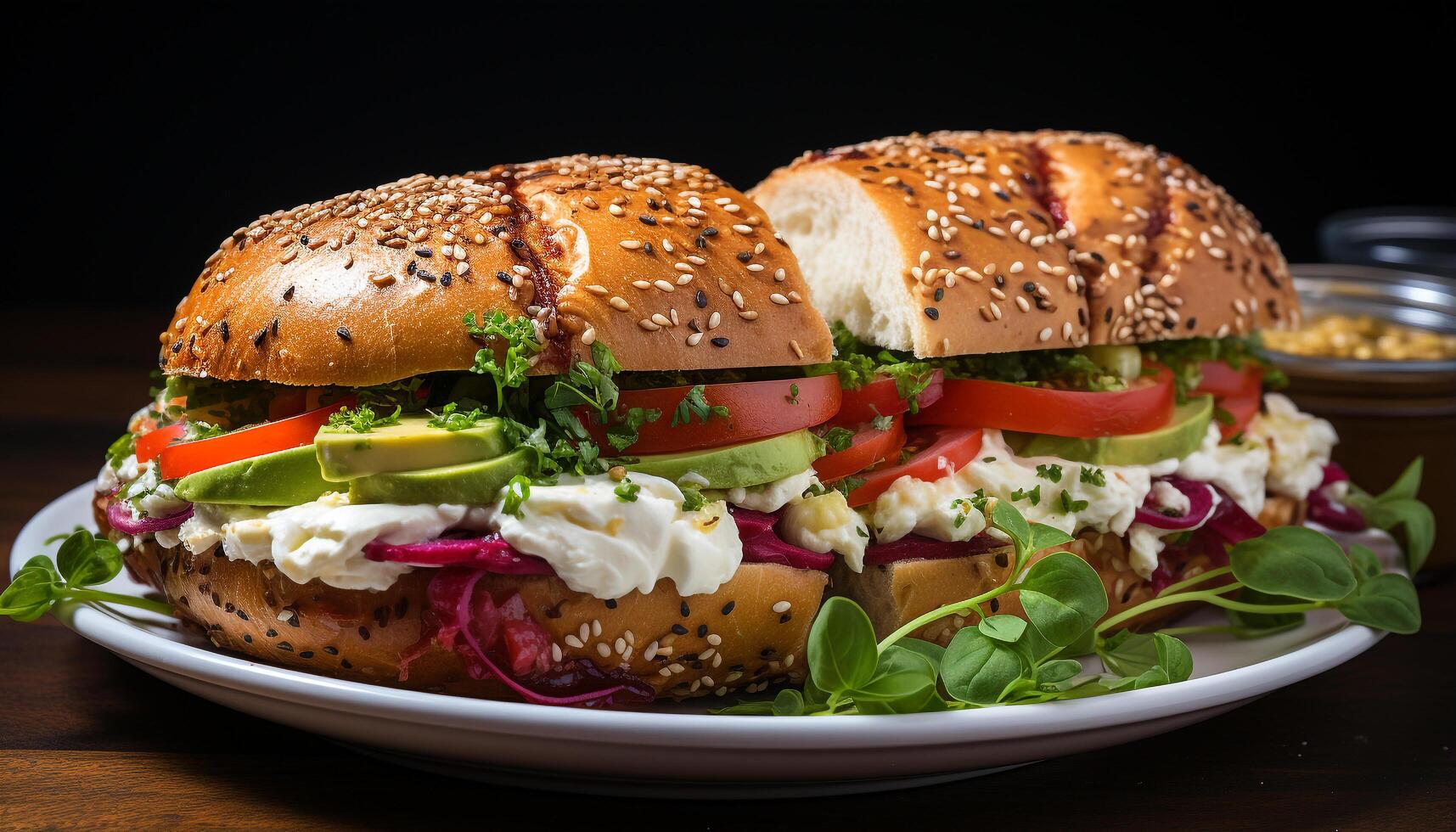 ai generado A la parrilla carne en ciabatta, Fresco ensalada, sano comiendo en madera generado por ai foto