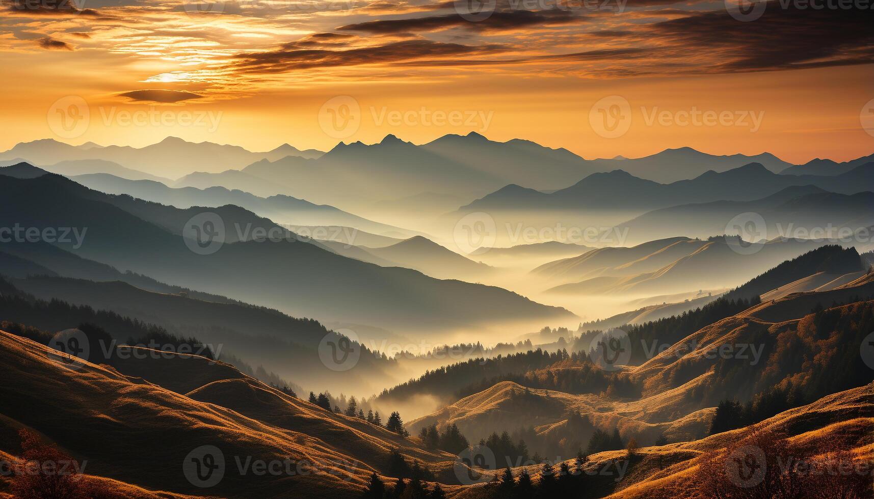 AI generated Majestic mountain peak silhouettes in tranquil sunset landscape generated by AI photo