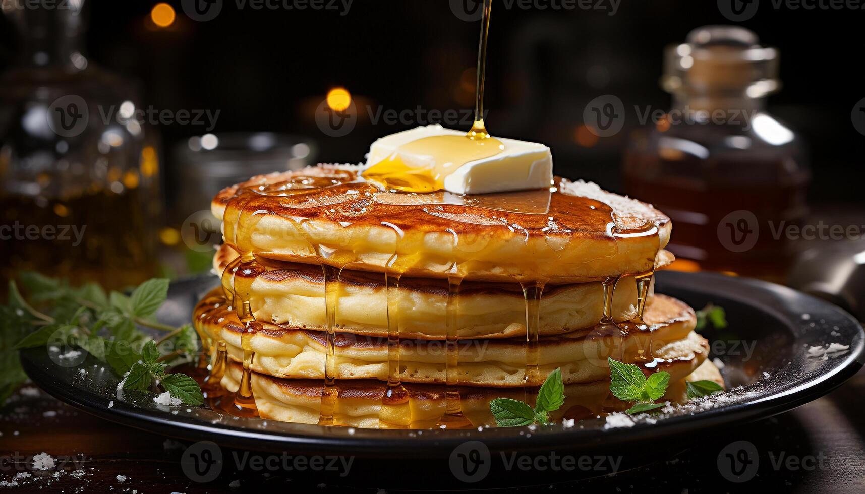 AI generated Freshly cooked pancakes stacked high with sweet syrup and berries generated by AI photo