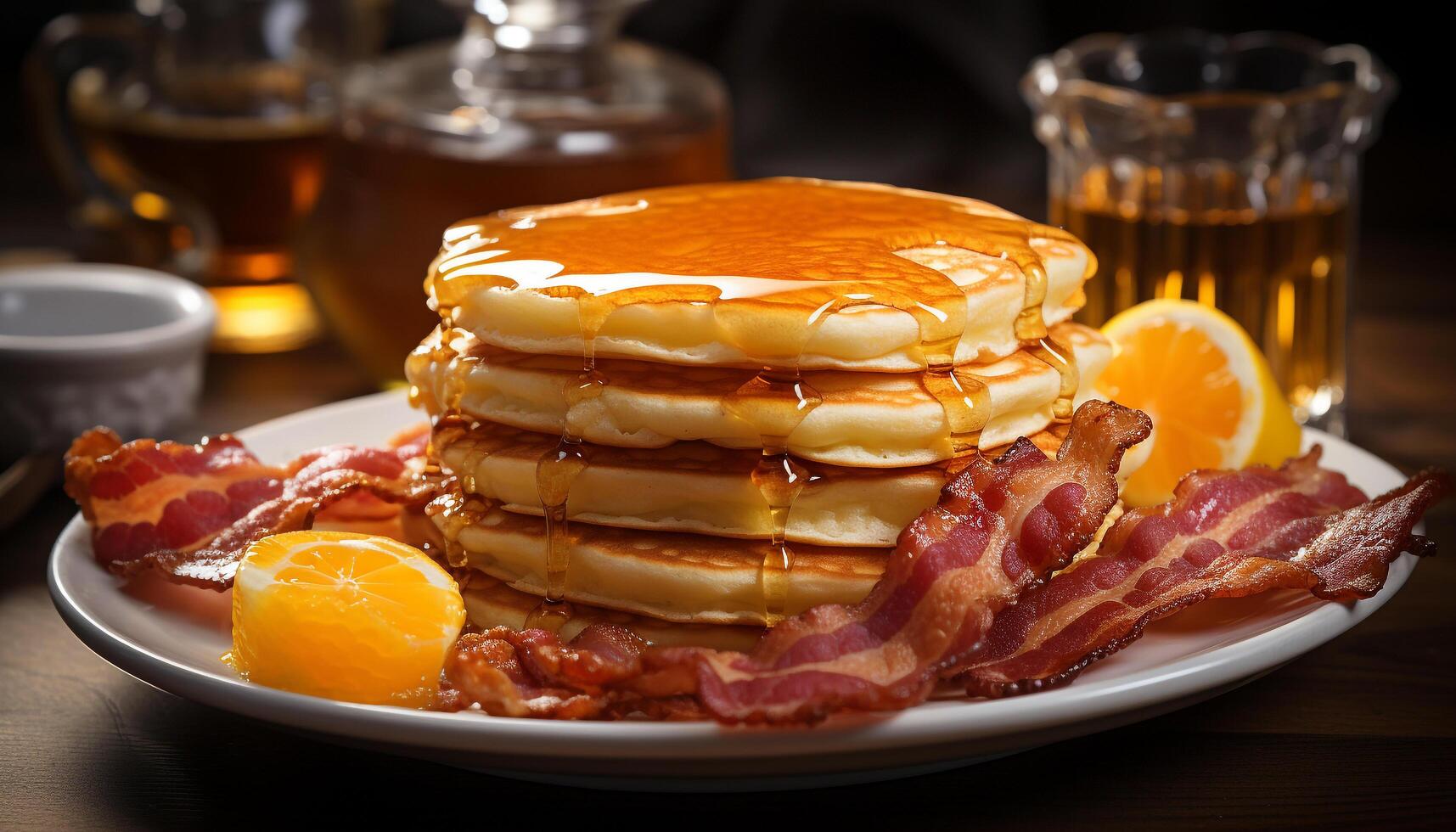 AI generated Freshness on plate Close up of gourmet pancake stack on wood table generated by AI photo